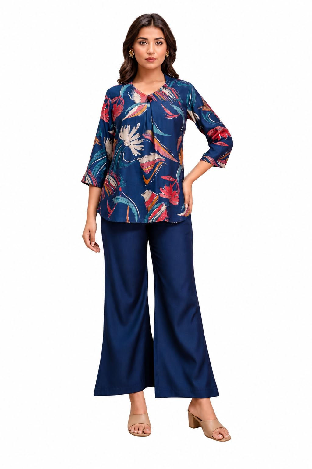 Front view of navy floral top with matching wide-leg trousers