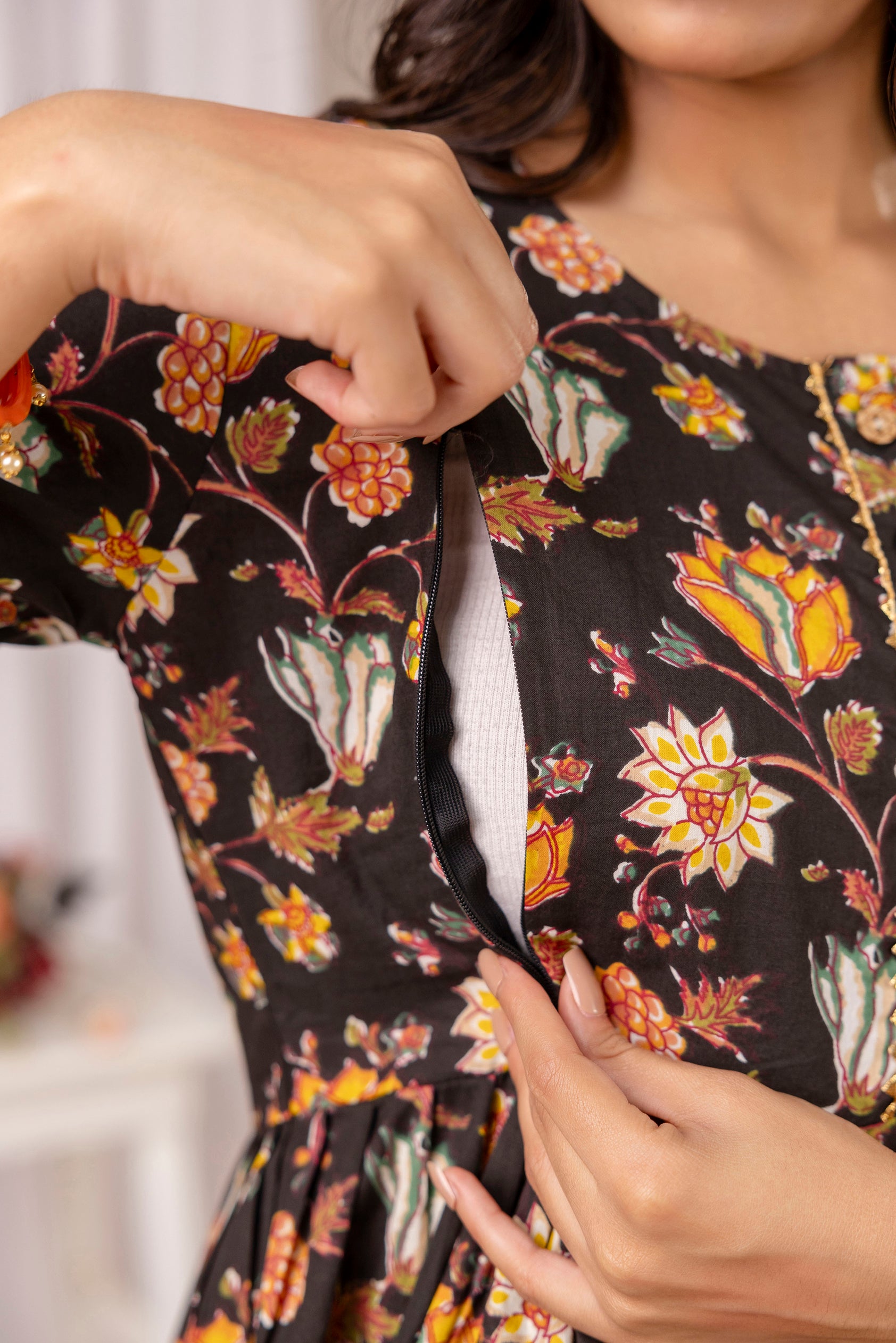 Brown Floral Print Cotton Maternity Dress | Feeding Friendly Pregnancy Wear - HENAL