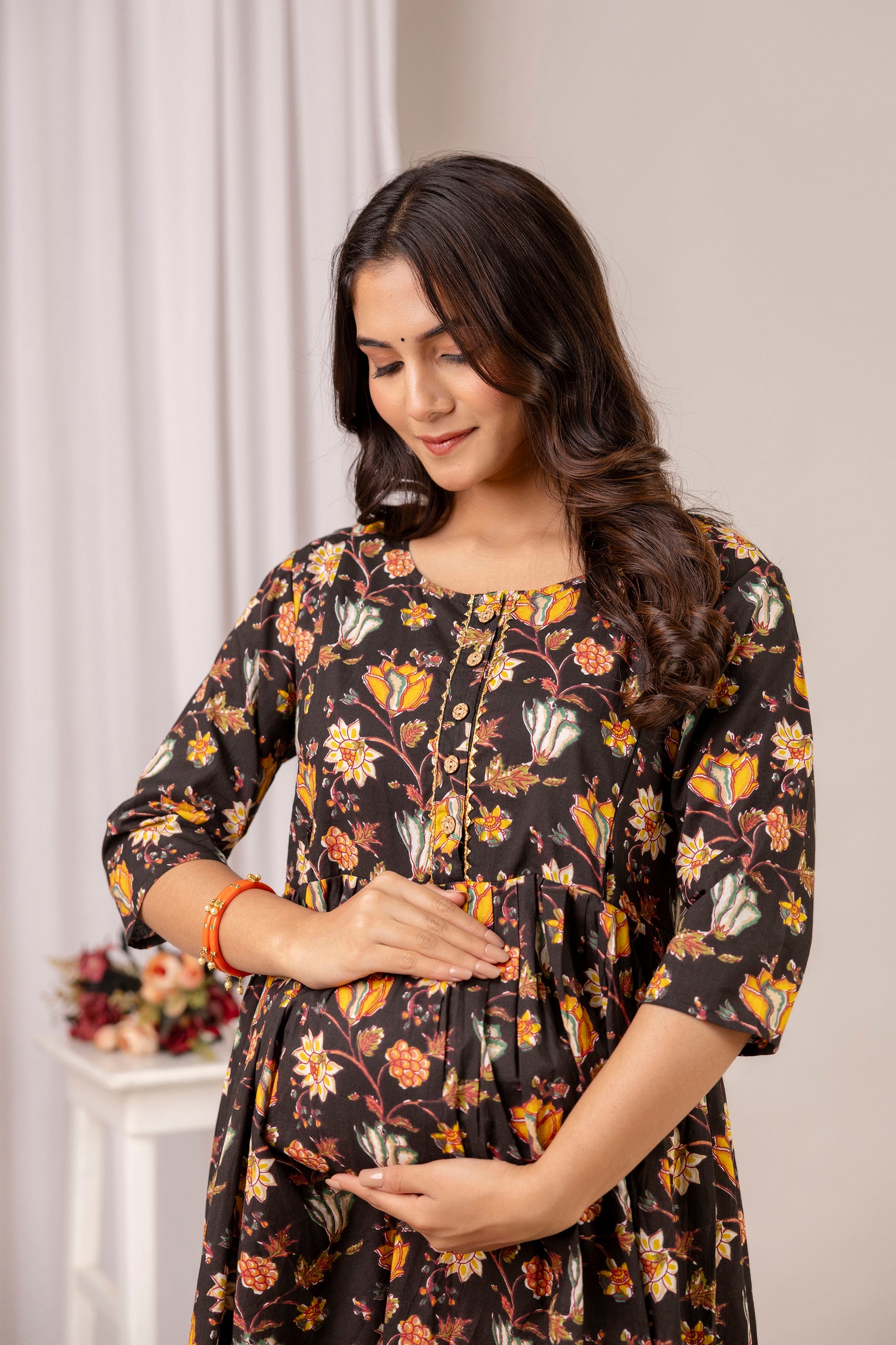 Brown Floral Print Cotton Maternity Dress | Feeding Friendly Pregnancy Wear - HENAL