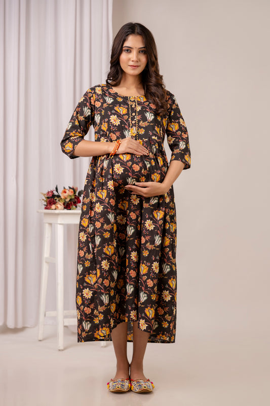 Brown Floral Print Cotton Maternity Dress | Feeding Friendly Pregnancy Wear - HENAL