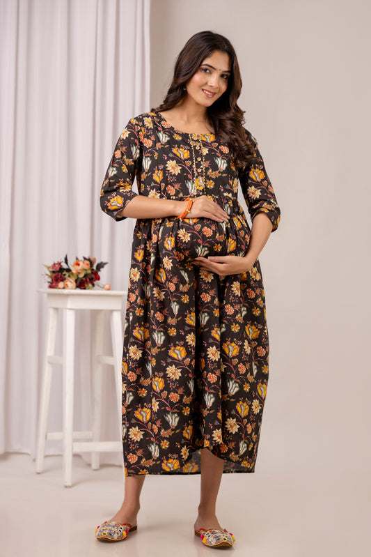 Brown Floral Print Cotton Maternity Dress | Feeding Friendly Pregnancy Wear - HENAL