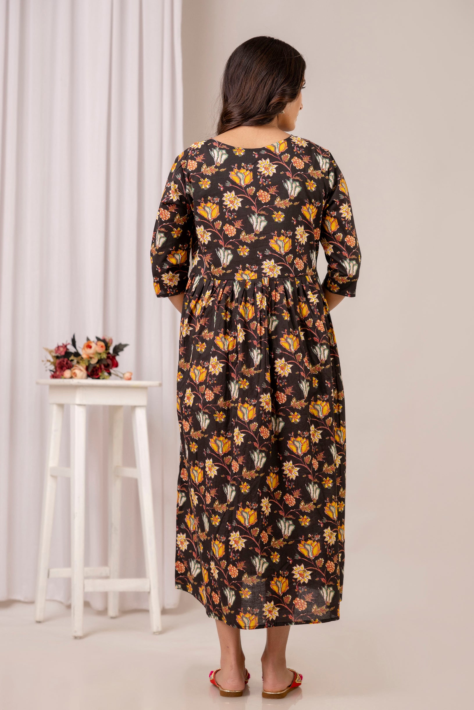 Brown Floral Print Cotton Maternity Dress | Feeding Friendly Pregnancy Wear - HENAL