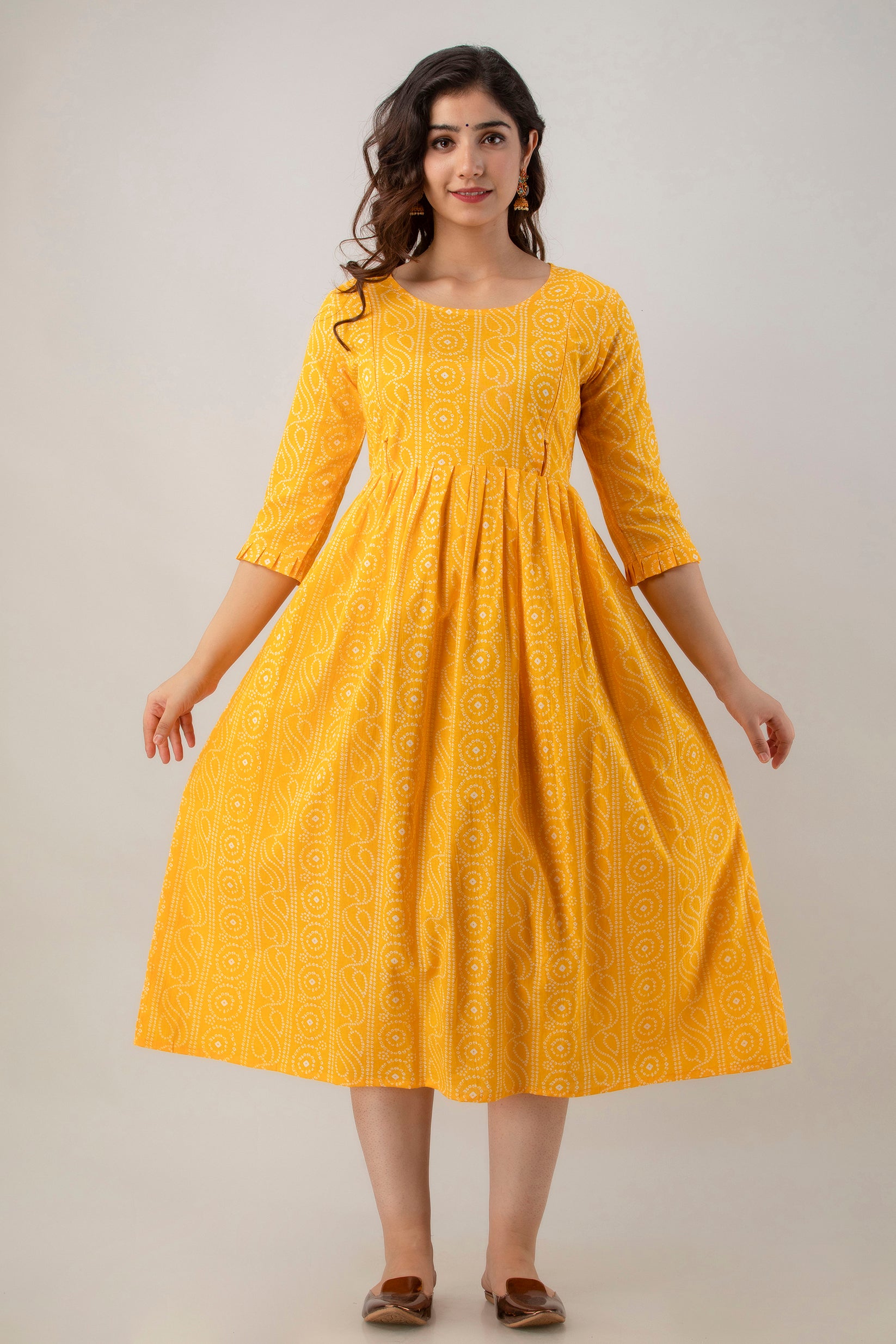 Yellow Chundri Print Cotton Maternity Kurta | Comfortable Pregnancy Wear - HENAL