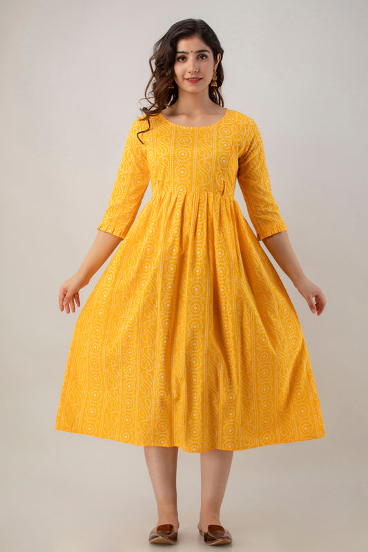 Yellow Chundri Print Cotton Maternity Kurta | Comfortable Pregnancy Wear - HENAL