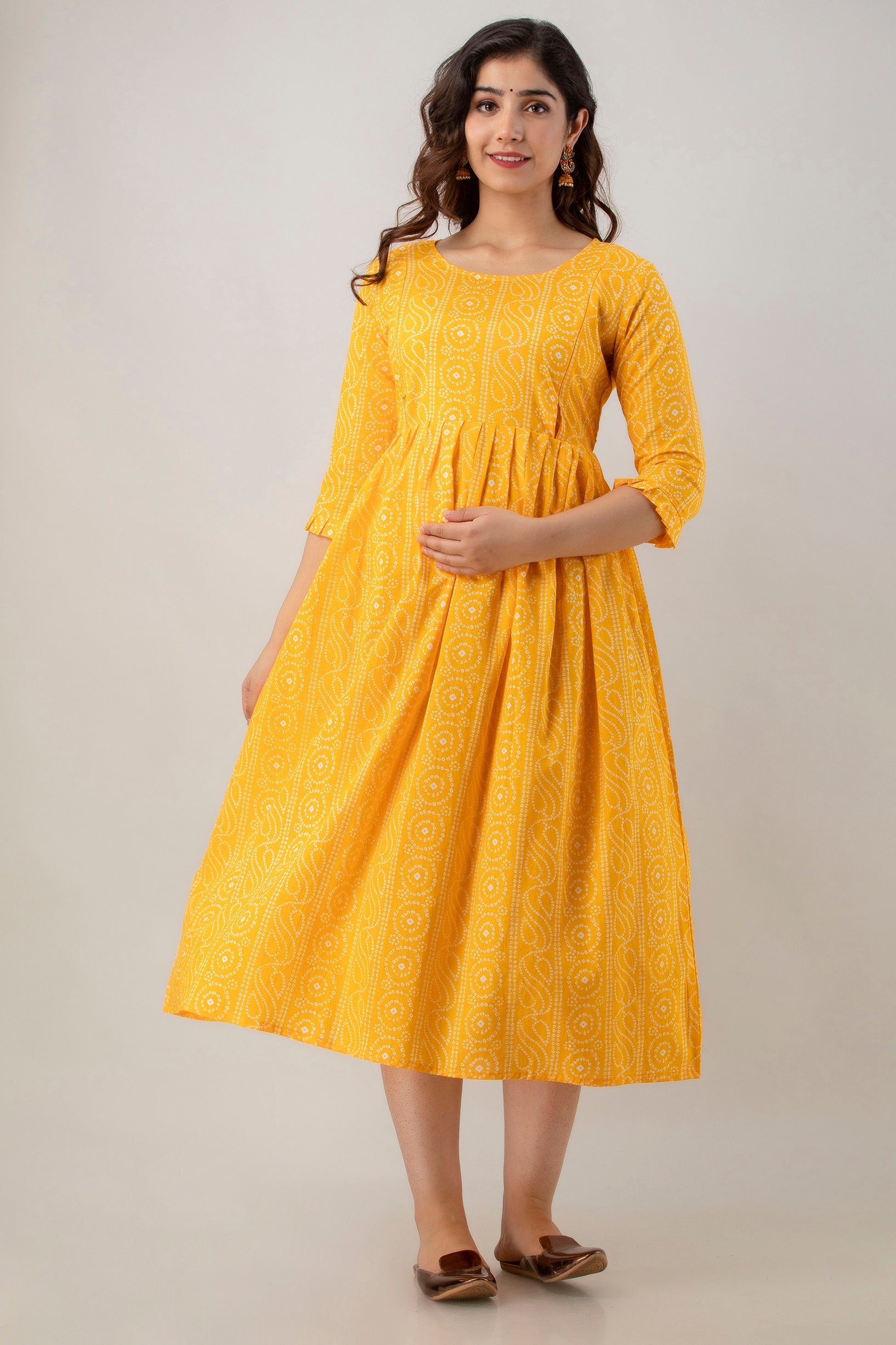 Yellow Chundri Print Cotton Maternity Kurta | Comfortable Pregnancy Wear - HENAL