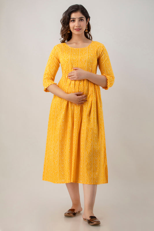 Yellow Chundri Print Cotton Maternity Kurta | Comfortable Pregnancy Wear - HENAL