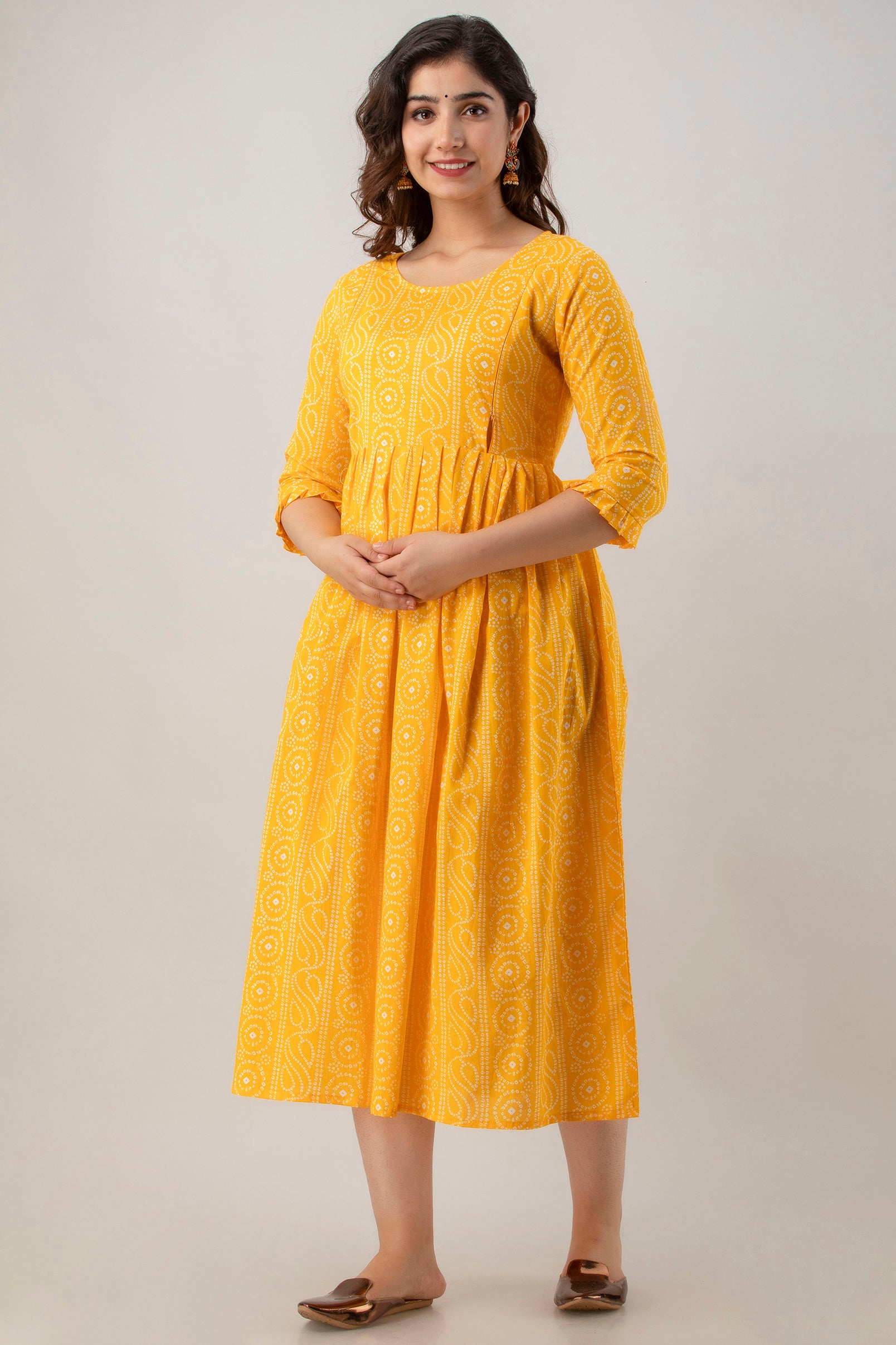 Yellow Chundri Print Cotton Maternity Kurta | Comfortable Pregnancy Wear - HENAL