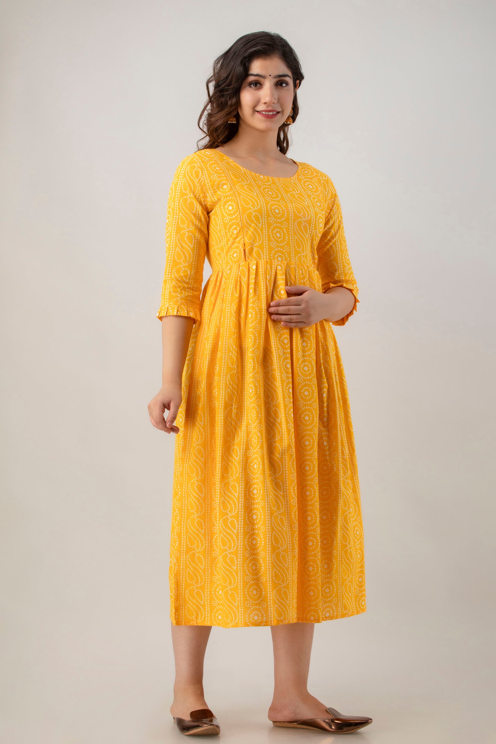 Yellow Chundri Print Cotton Maternity Kurta | Comfortable Pregnancy Wear - HENAL