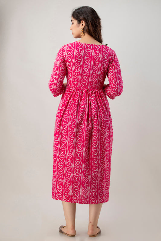 Pink Chundri Print Cotton Maternity Kurta | Comfortable Pregnancy Wear - HENAL