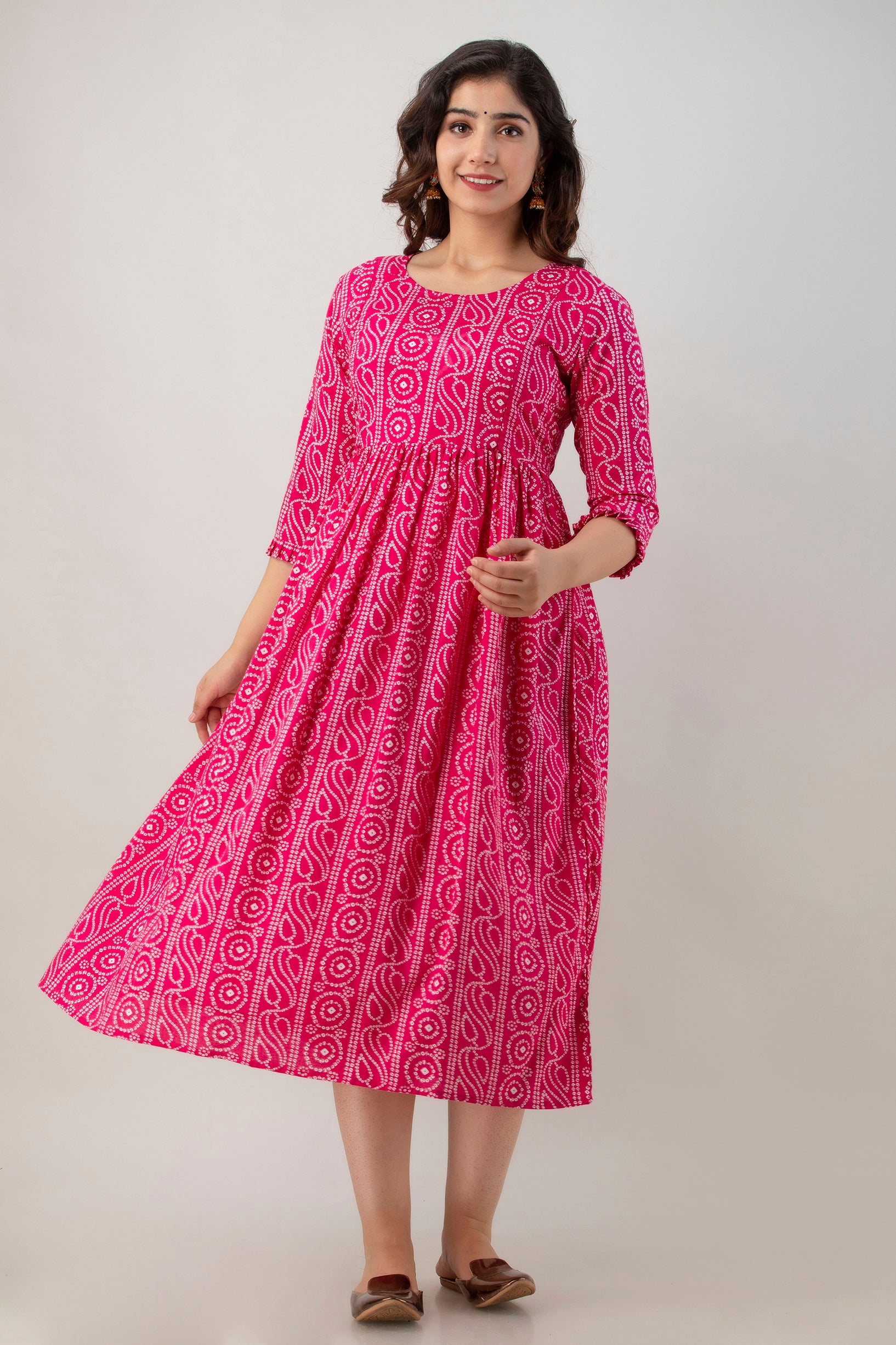Pink Chundri Print Cotton Maternity Kurta | Comfortable Pregnancy Wear - HENAL