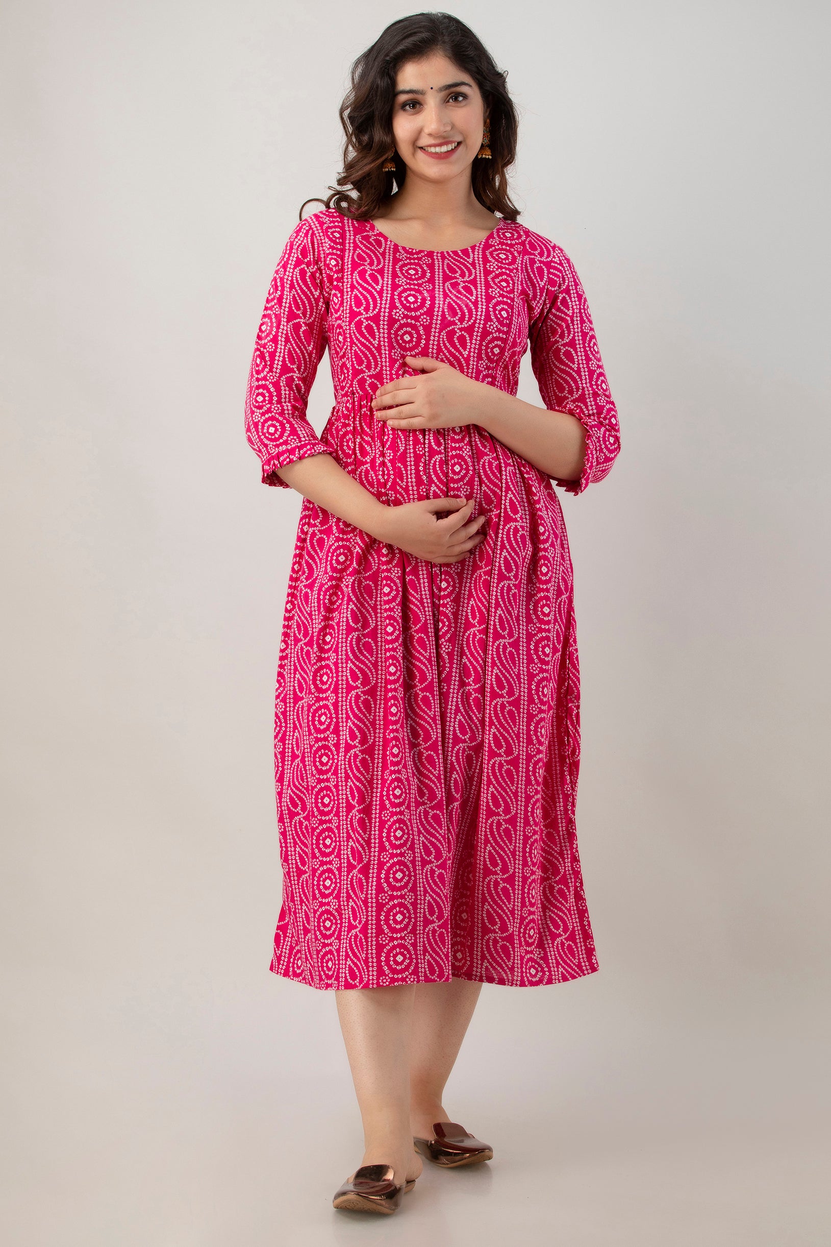 Pink Chundri Print Cotton Maternity Kurta | Comfortable Pregnancy Wear - HENAL