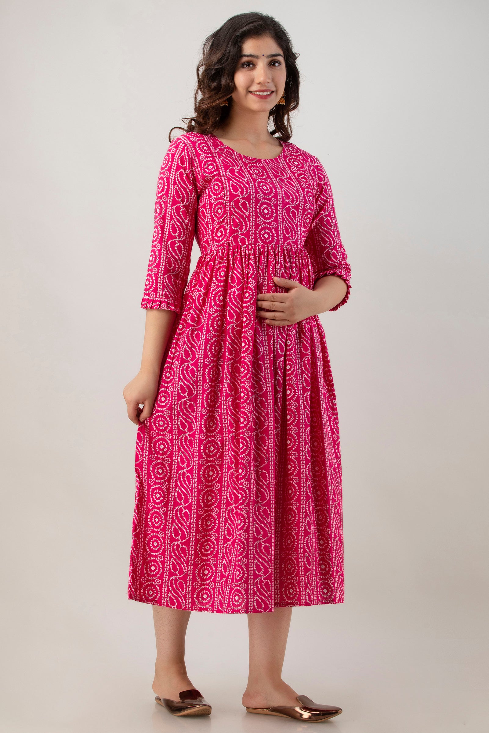 Pink Chundri Print Cotton Maternity Kurta | Comfortable Pregnancy Wear - HENAL