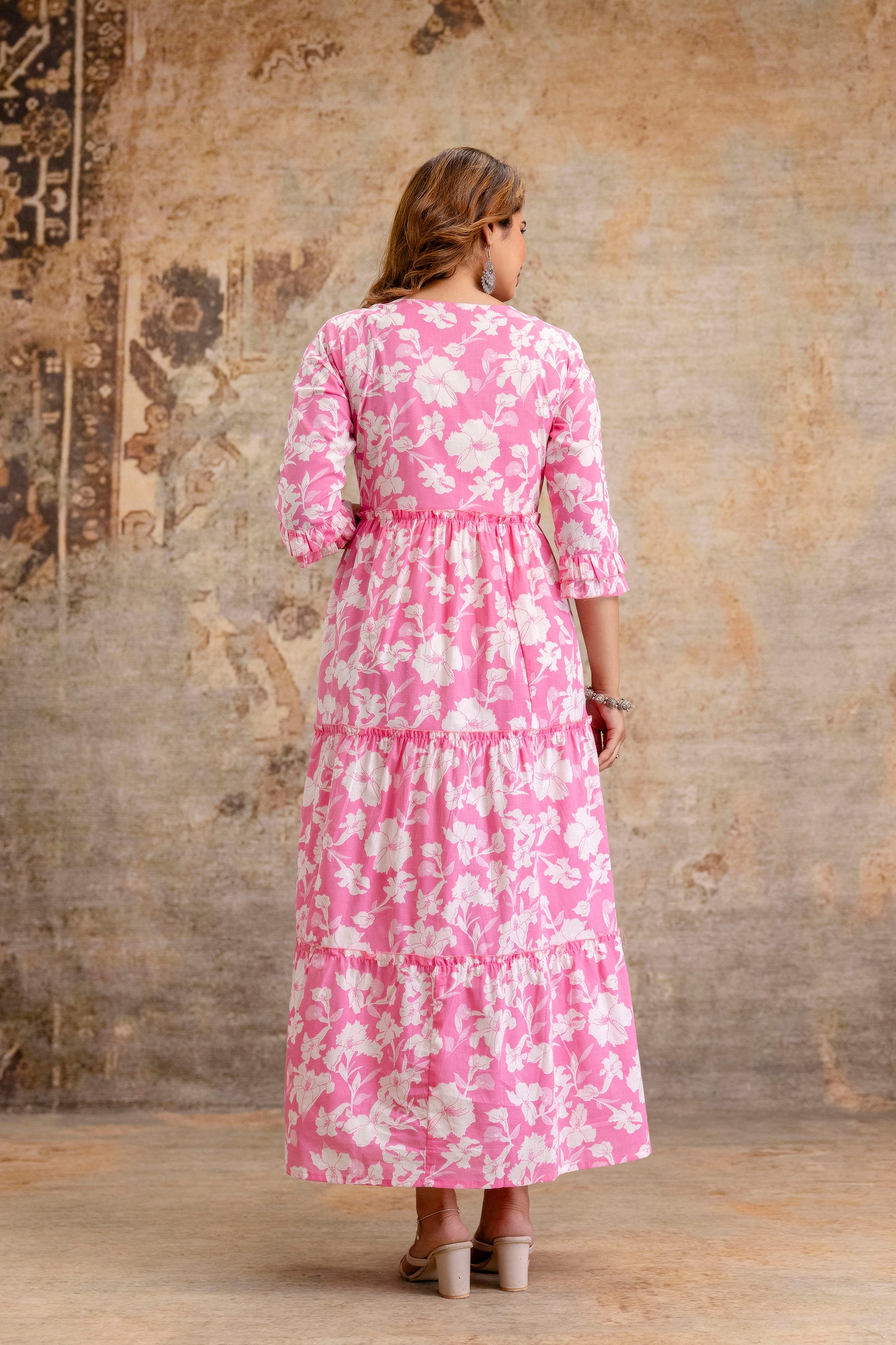 Baby Pink Floral Pure Cotton Maternity Dress | Feeding Friendly Comfortable Pregnancy Wear - HENAL