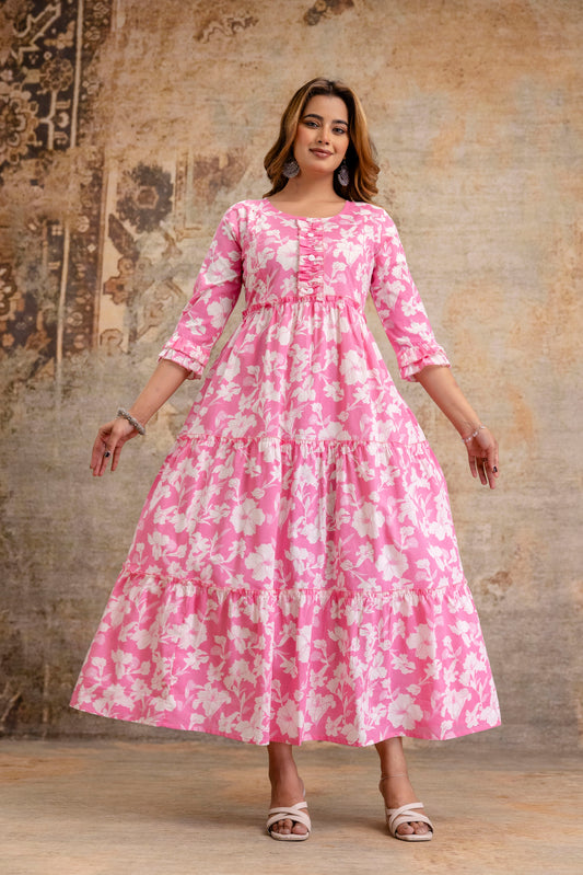 Baby Pink Floral Pure Cotton Maternity Dress | Feeding Friendly Comfortable Pregnancy Wear - HENAL