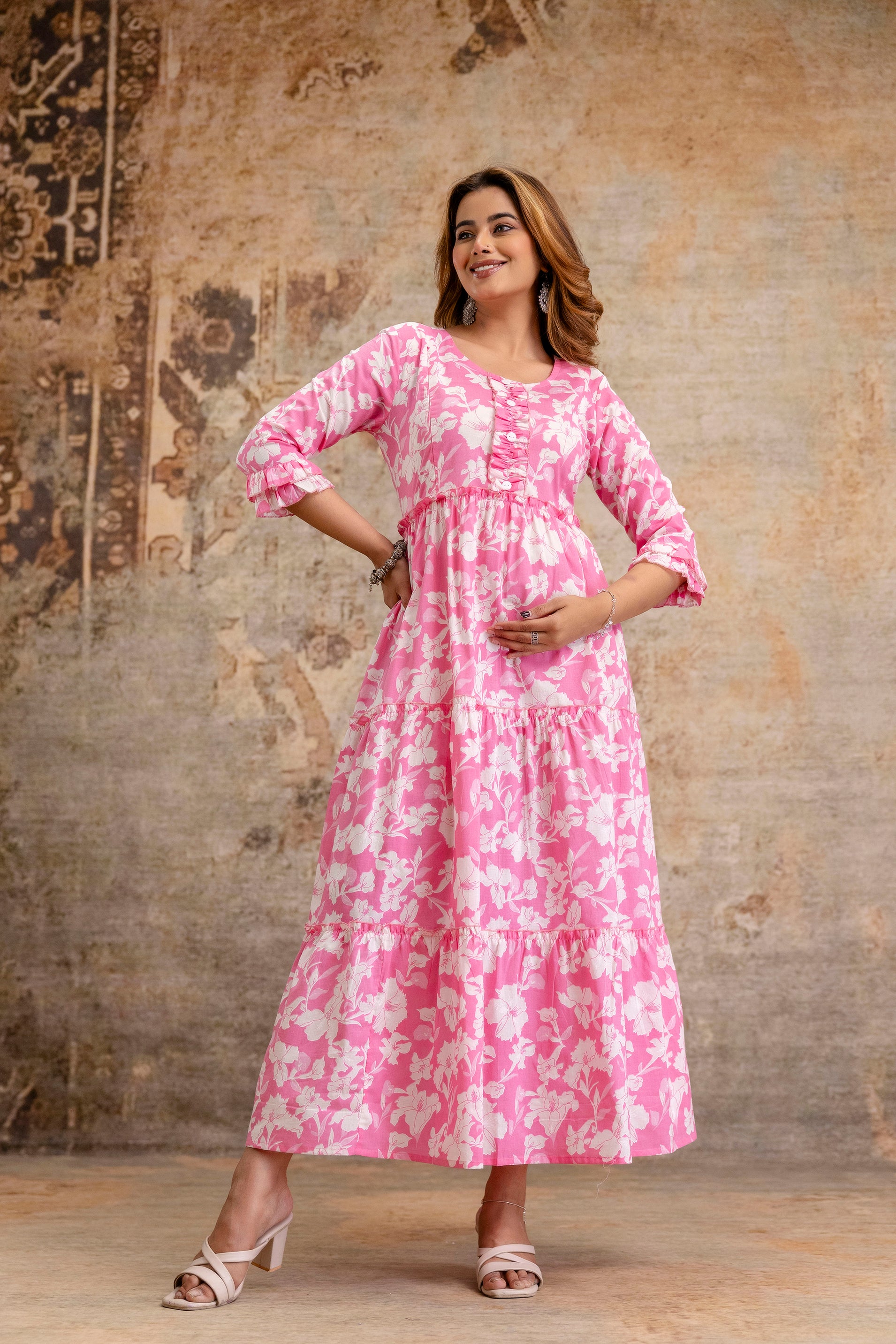 Baby Pink Floral Pure Cotton Maternity Dress | Feeding Friendly Comfortable Pregnancy Wear - HENAL