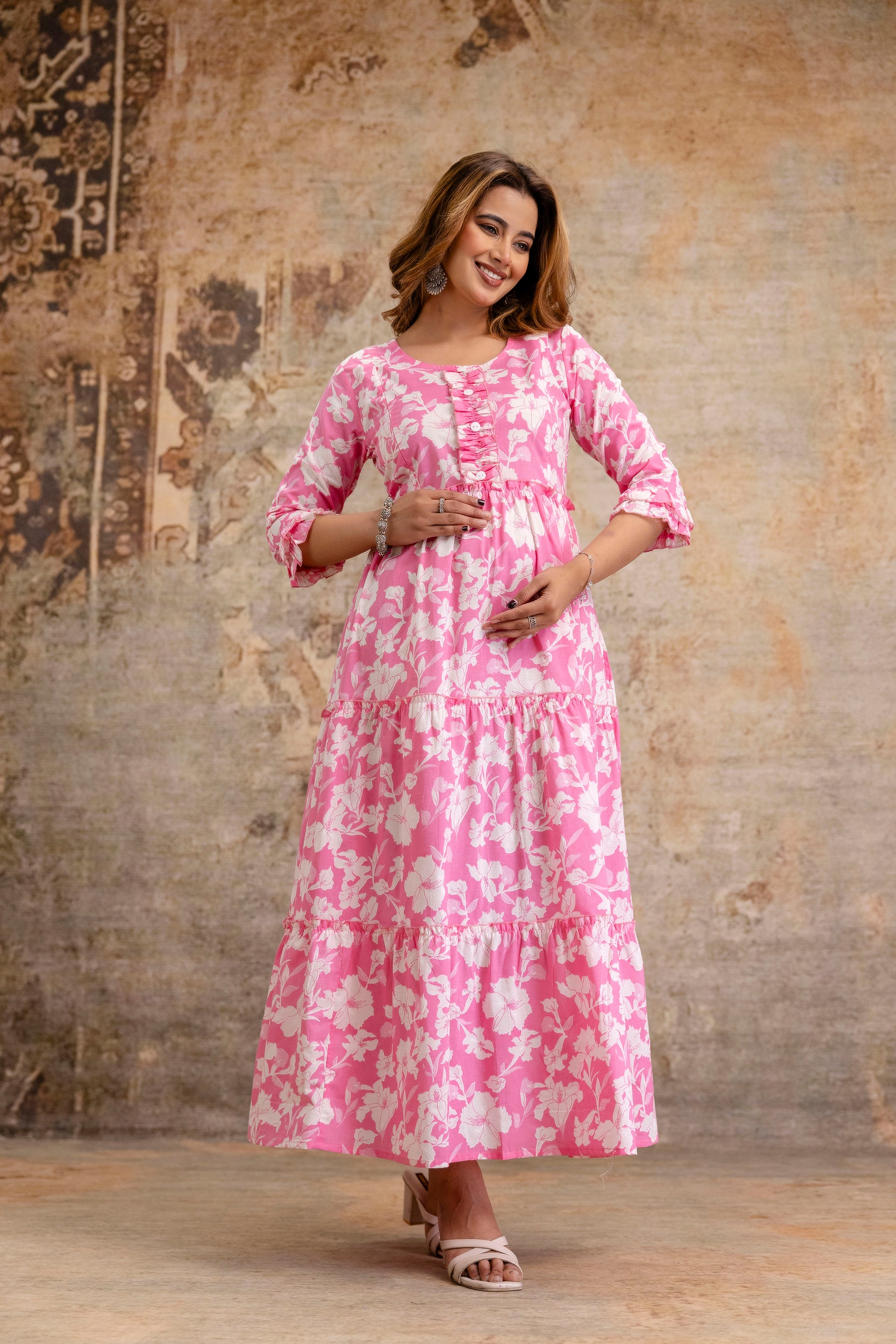 Baby Pink Floral Pure Cotton Maternity Dress | Feeding Friendly Comfortable Pregnancy Wear - HENAL
