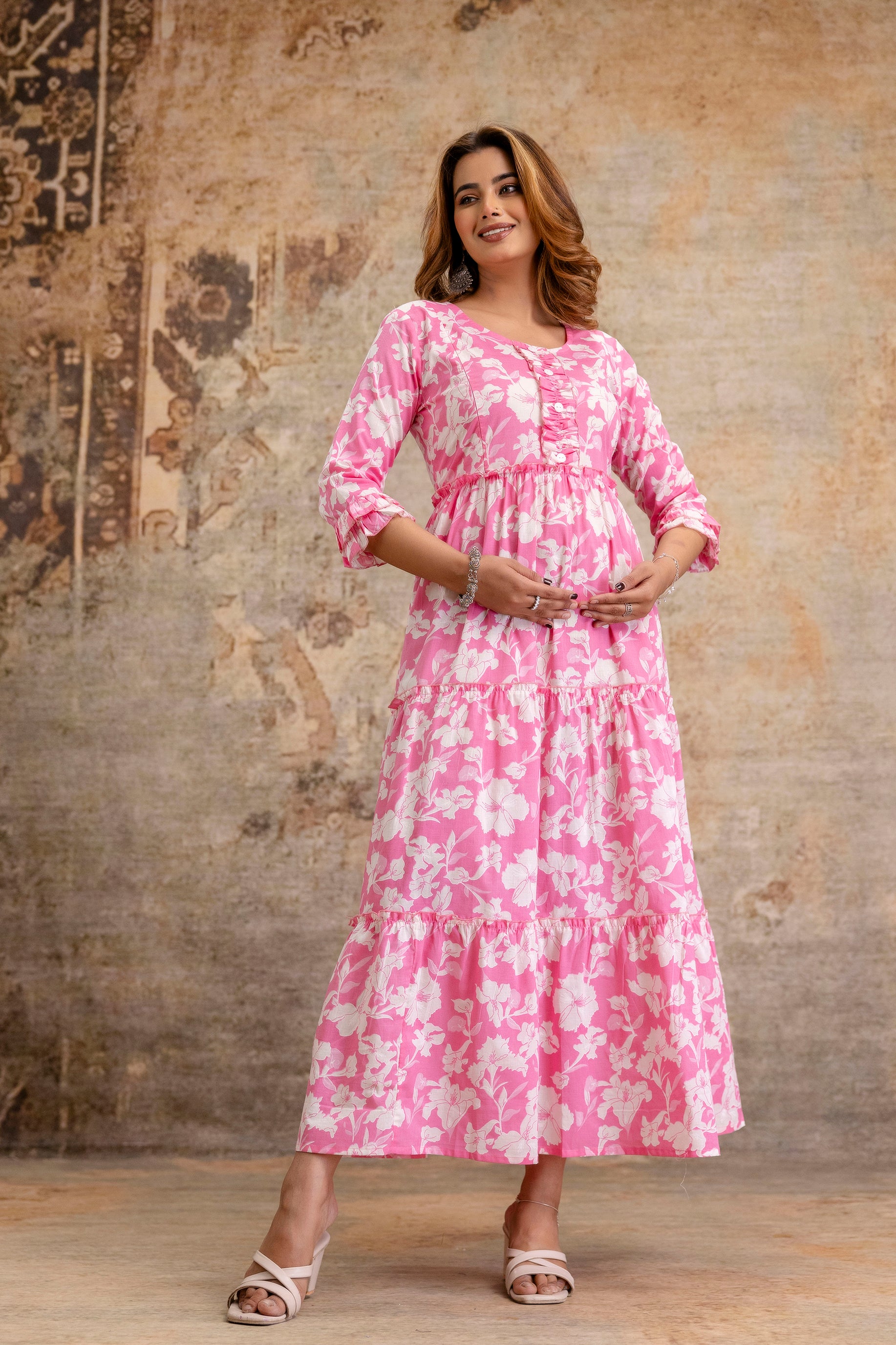 Baby Pink Floral Pure Cotton Maternity Dress | Feeding Friendly Comfortable Pregnancy Wear - HENAL