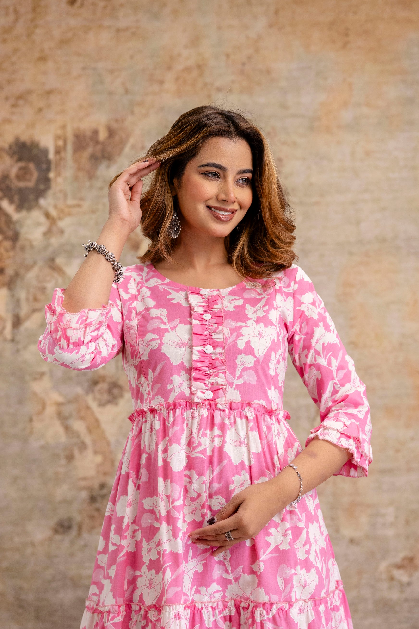 Baby Pink Floral Pure Cotton Maternity Dress | Feeding Friendly Comfortable Pregnancy Wear - HENAL