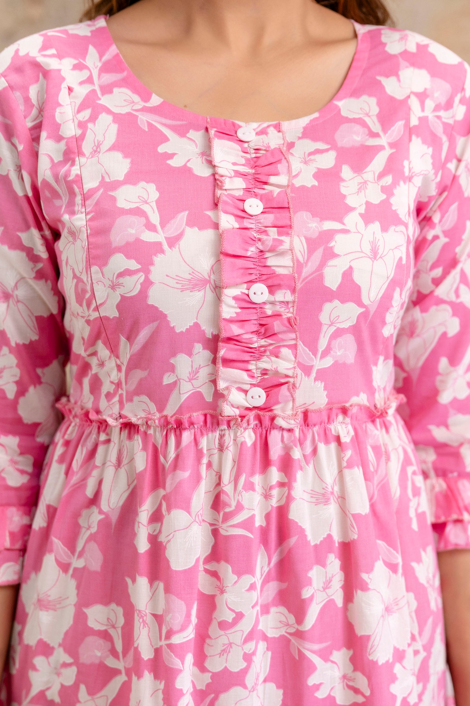 Baby Pink Floral Pure Cotton Maternity Dress | Feeding Friendly Comfortable Pregnancy Wear - HENAL