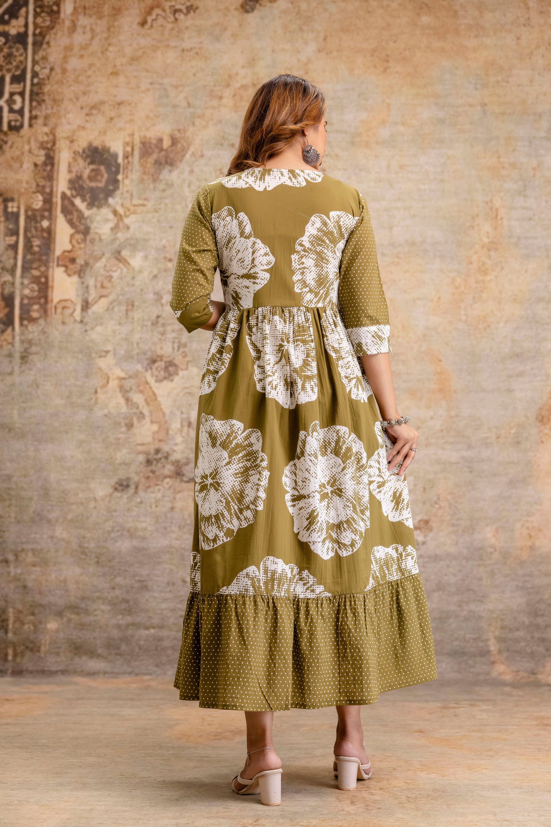 Mehndi Green Floral Pure Cotton Maternity Dress | Feeding Friendly Comfortable Pregnancy Wear - HENAL