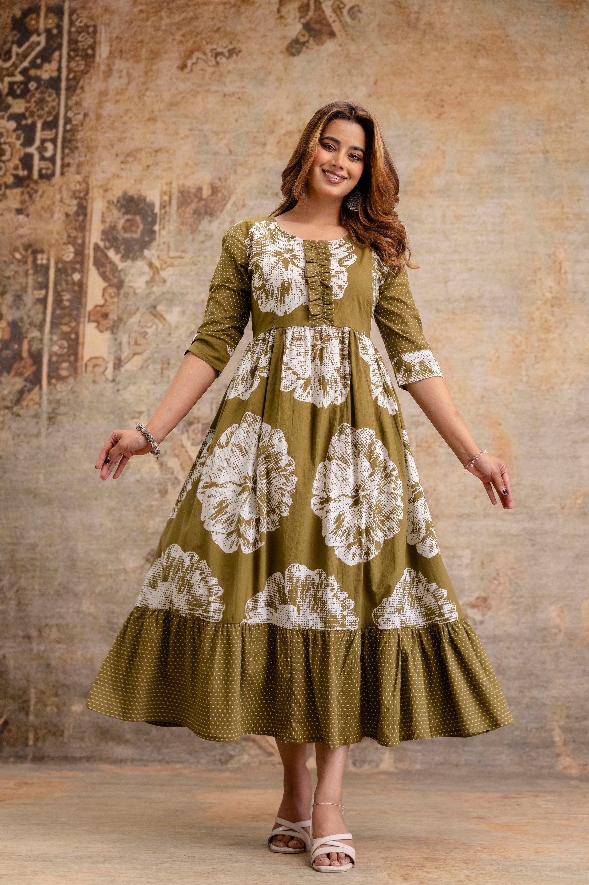 Mehndi Green Floral Pure Cotton Maternity Dress | Feeding Friendly Comfortable Pregnancy Wear - HENAL