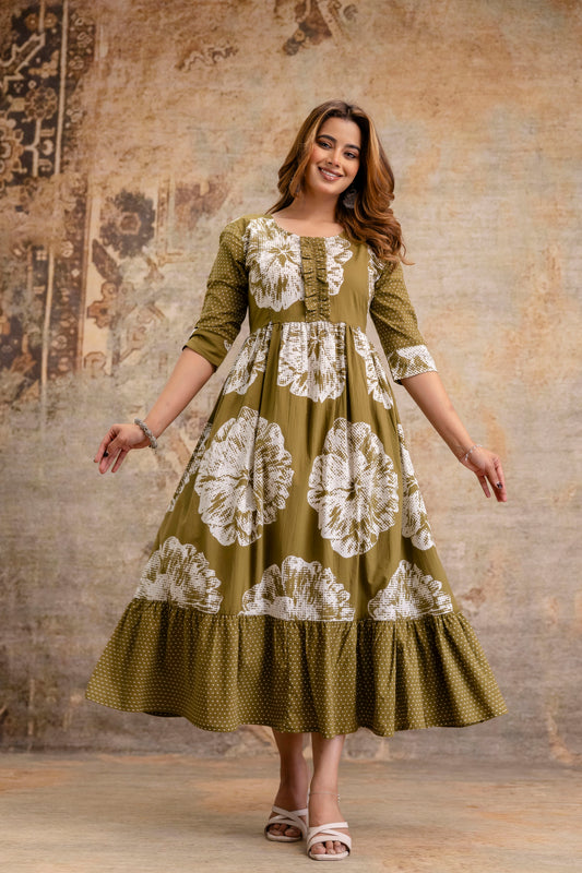 Mehndi Green Floral Pure Cotton Maternity Dress | Feeding Friendly Comfortable Pregnancy Wear - HENAL