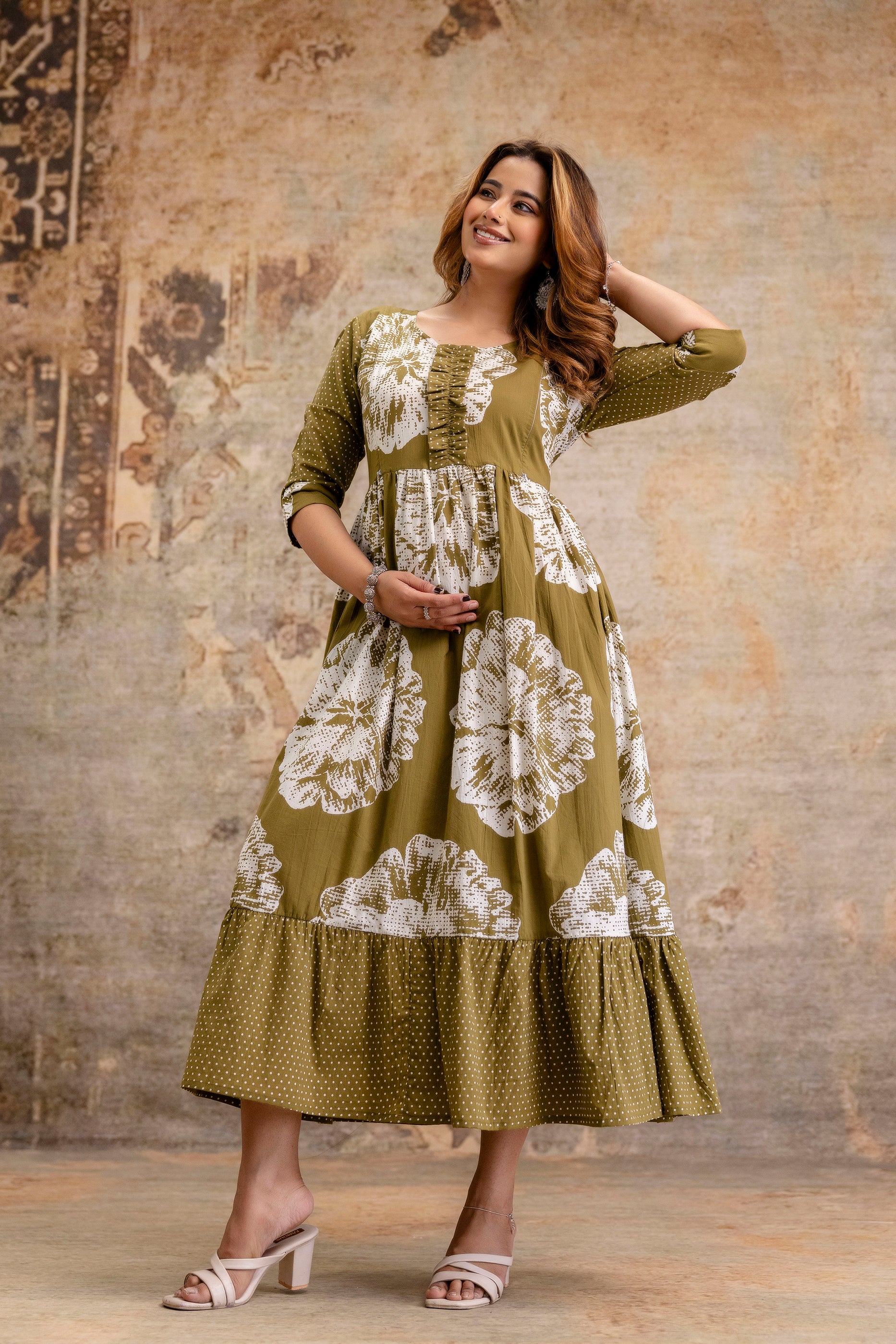 Mehndi Green Floral Pure Cotton Maternity Dress | Feeding Friendly Comfortable Pregnancy Wear - HENAL