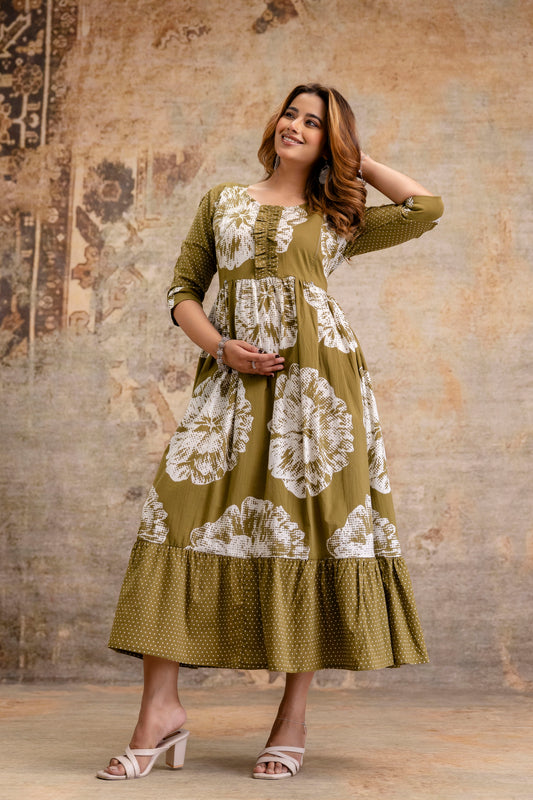 Mehndi Green Floral Pure Cotton Maternity Dress | Feeding Friendly Comfortable Pregnancy Wear - HENAL