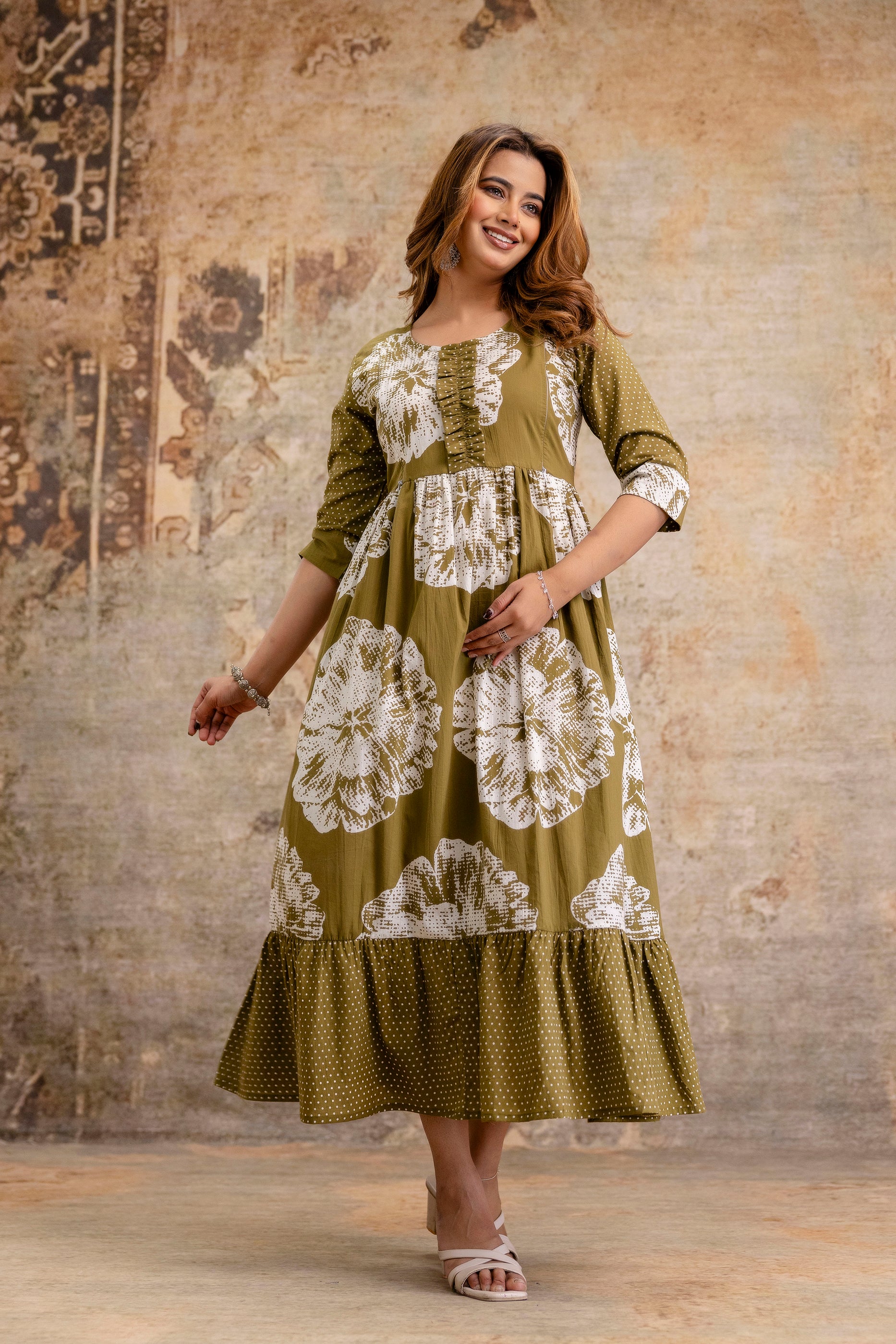 Mehndi Green Floral Pure Cotton Maternity Dress | Feeding Friendly Comfortable Pregnancy Wear - HENAL