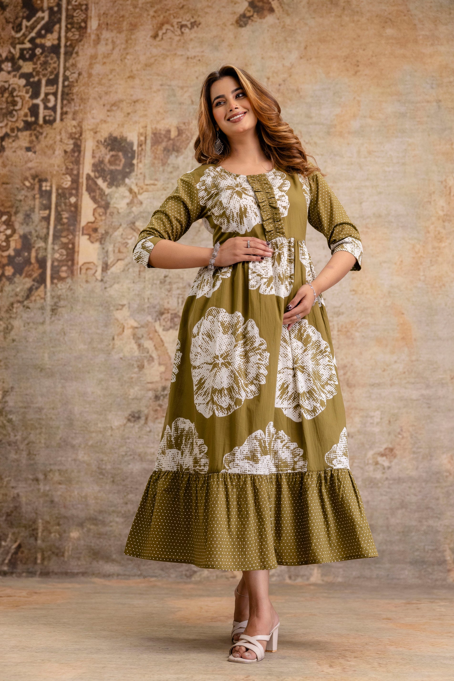 Mehndi Green Floral Pure Cotton Maternity Dress | Feeding Friendly Comfortable Pregnancy Wear - HENAL