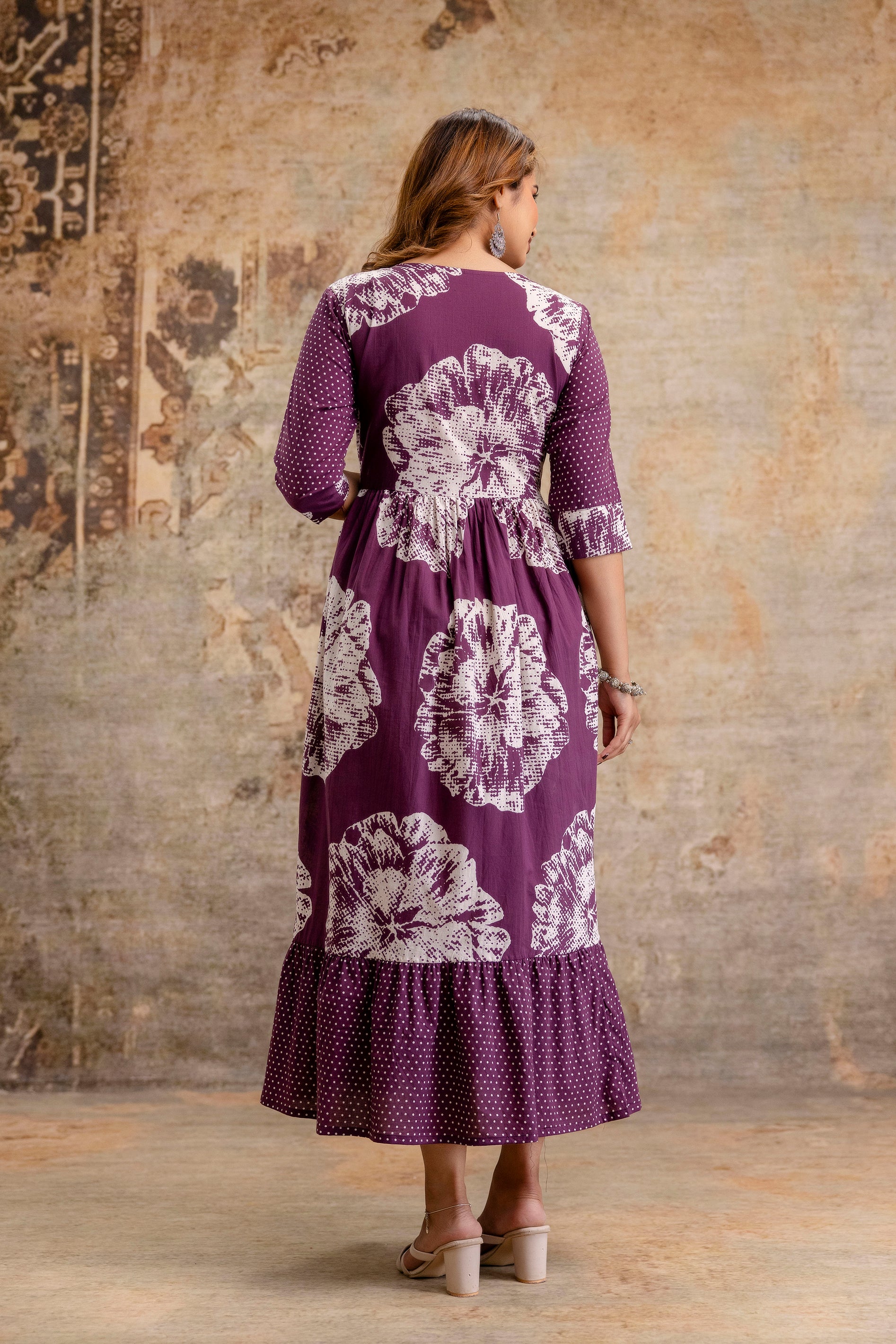 Wine Color Floral Pure Cotton Maternity Dress | Feeding Friendly Comfortable Pregnancy Wear - HENAL