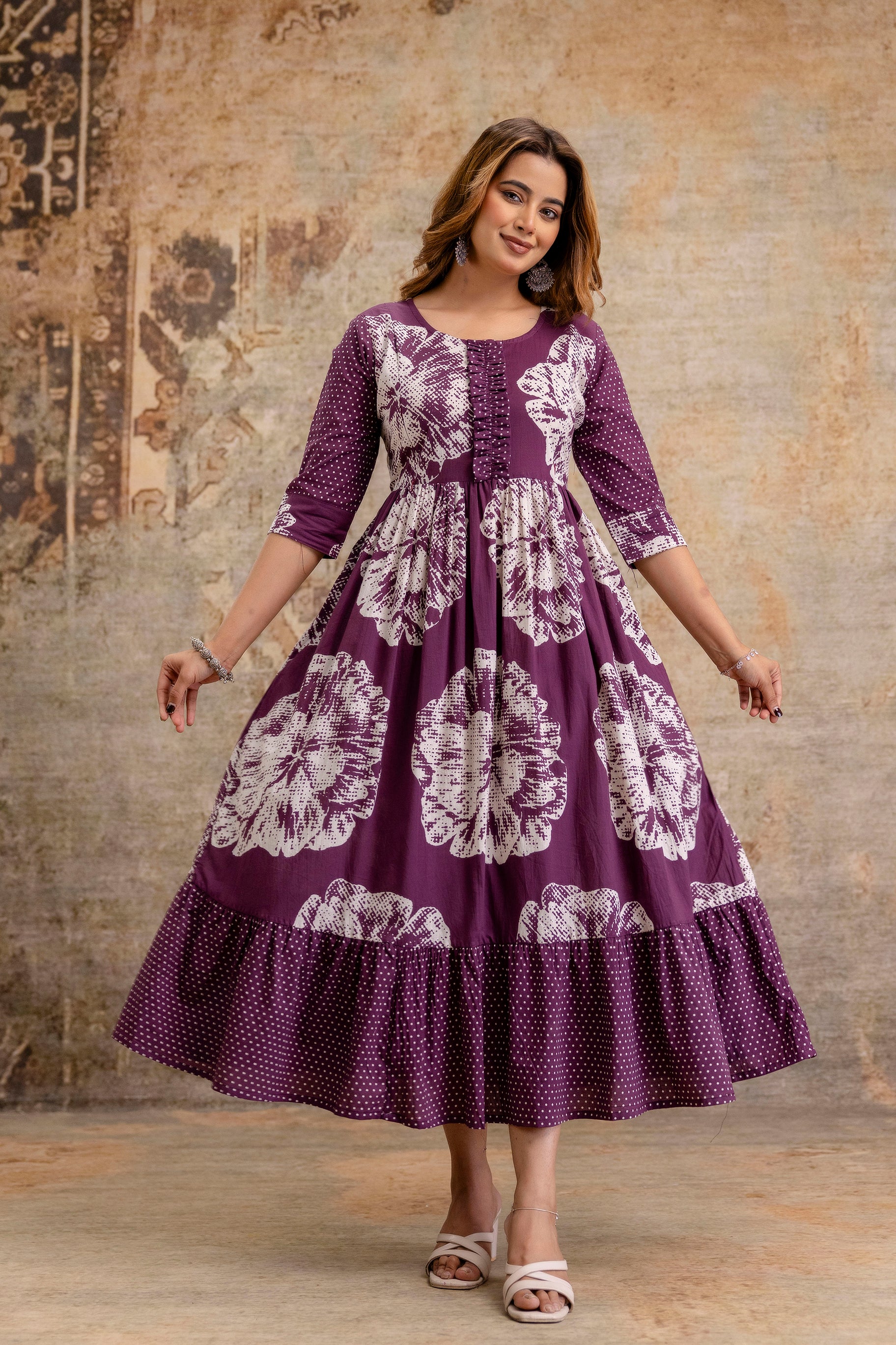 Wine Color Floral Pure Cotton Maternity Dress | Feeding Friendly Comfortable Pregnancy Wear - HENAL