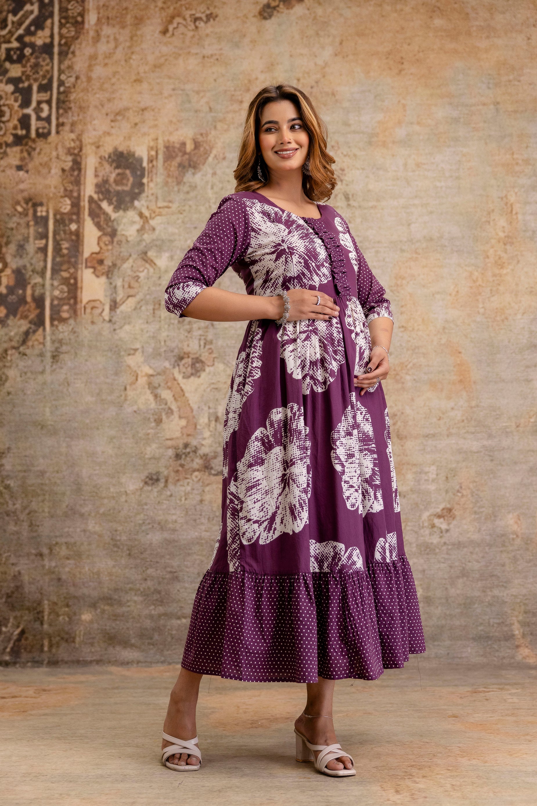 Wine Color Floral Pure Cotton Maternity Dress | Feeding Friendly Comfortable Pregnancy Wear - HENAL