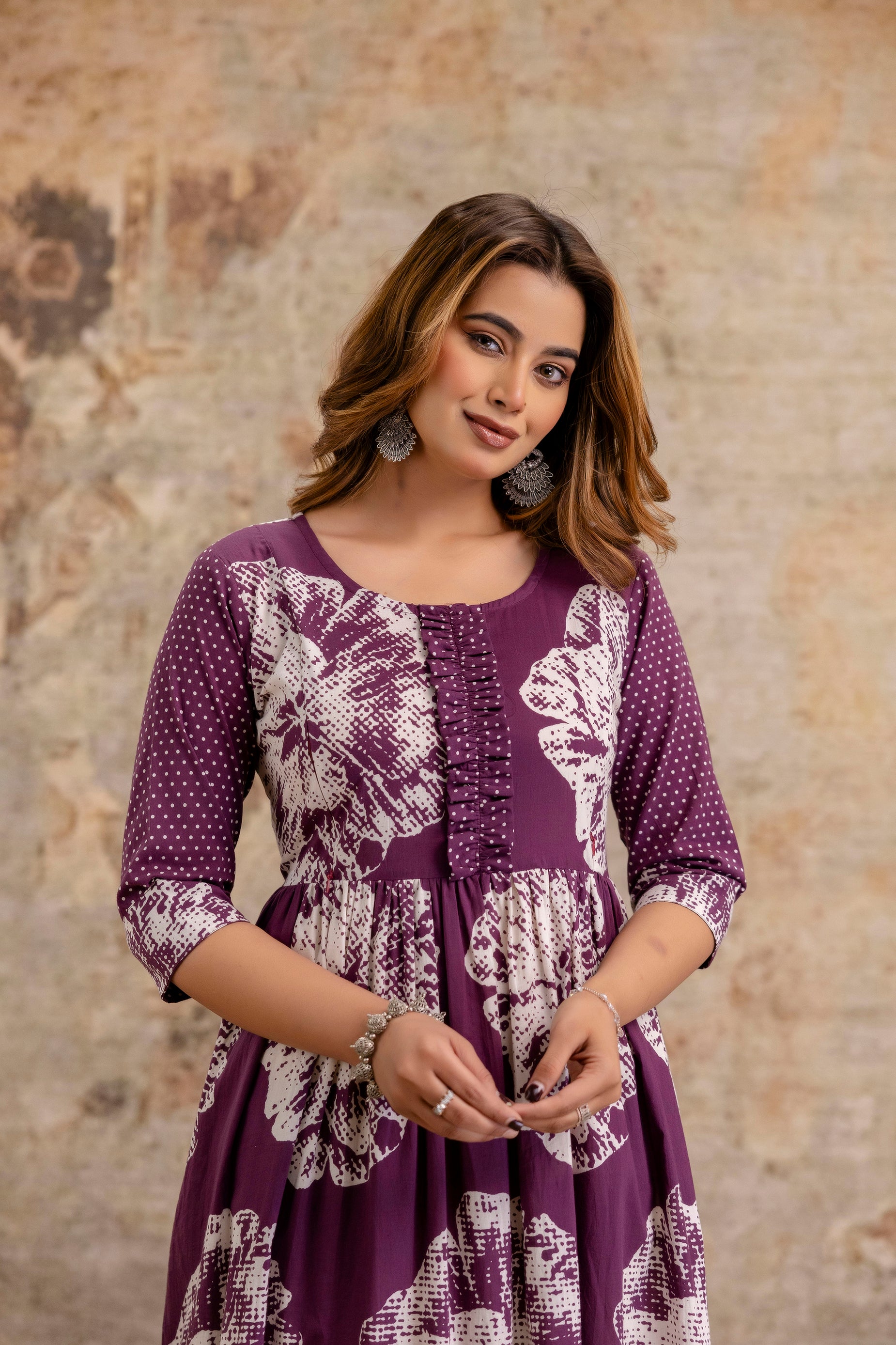 Wine Color Floral Pure Cotton Maternity Dress | Feeding Friendly Comfortable Pregnancy Wear - HENAL