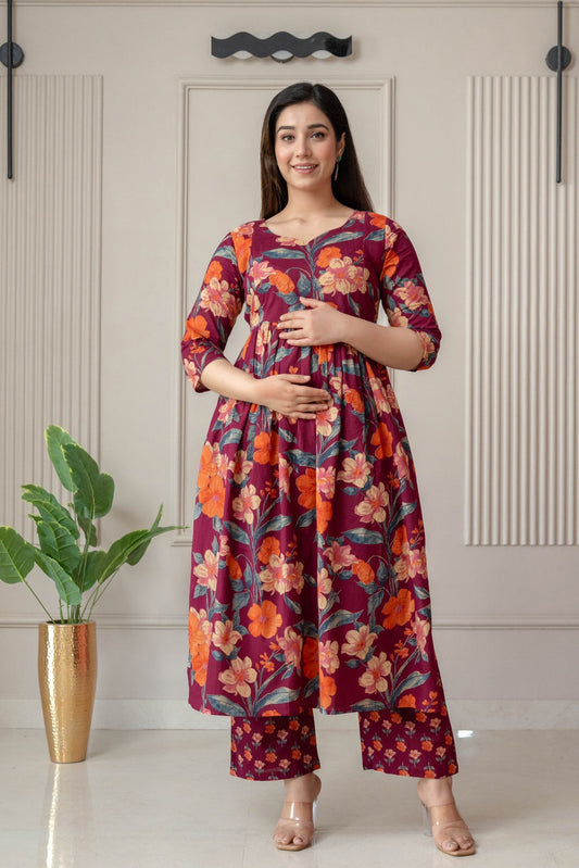Floral Printed Maternity Kurti Set for Women | Feeding Friendly Nursing Kurta with Palazzo | Soft Cotton Ethnic Wear