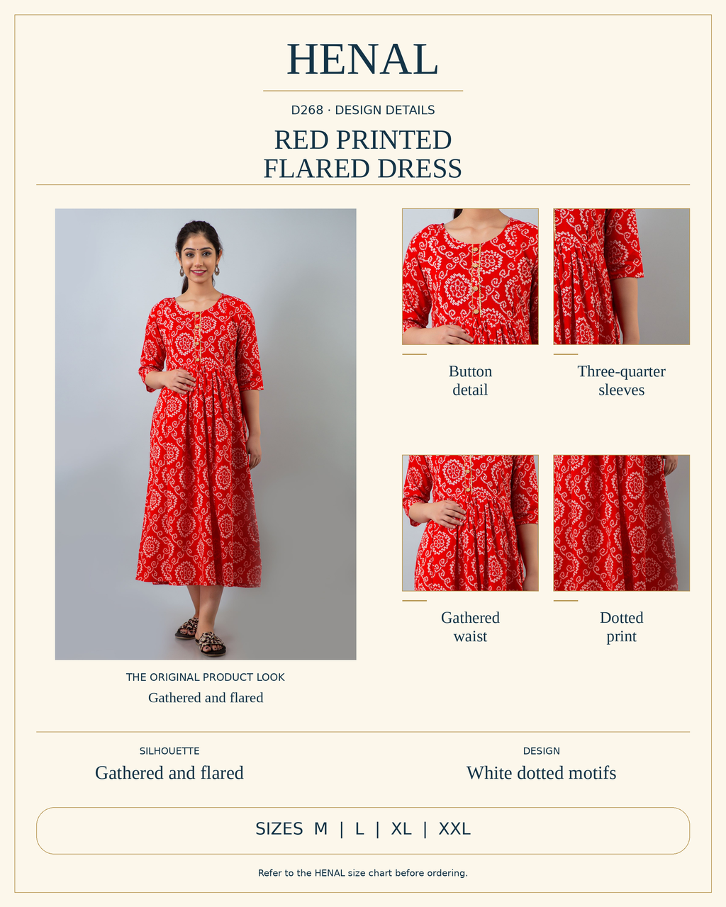 HENAL D268 product infographic using unchanged original photographs, visible garment details and the current size options M, L, XL, XXL.