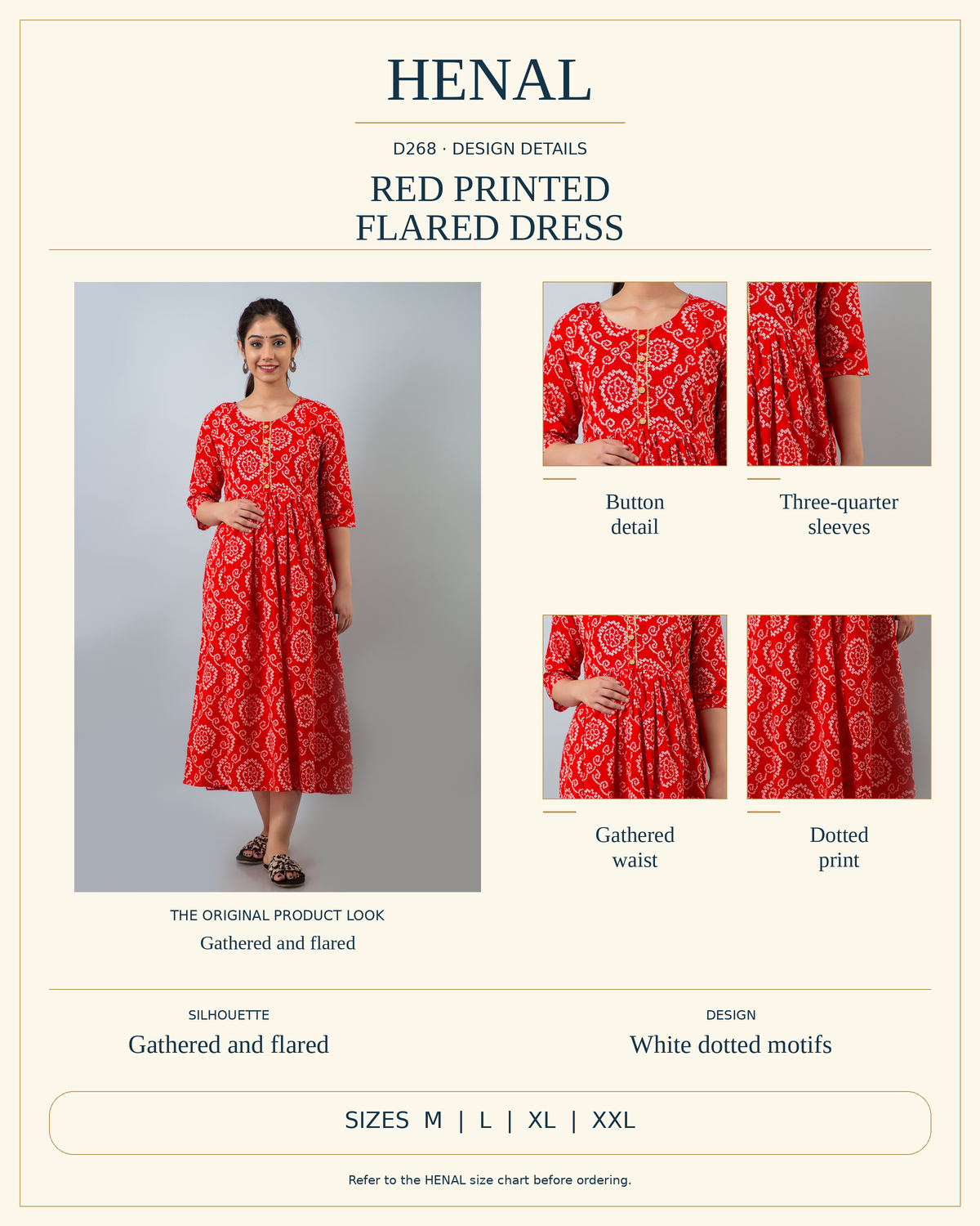 HENAL D268 product infographic using unchanged original photographs, visible garment details and the current size options M, L, XL, XXL.