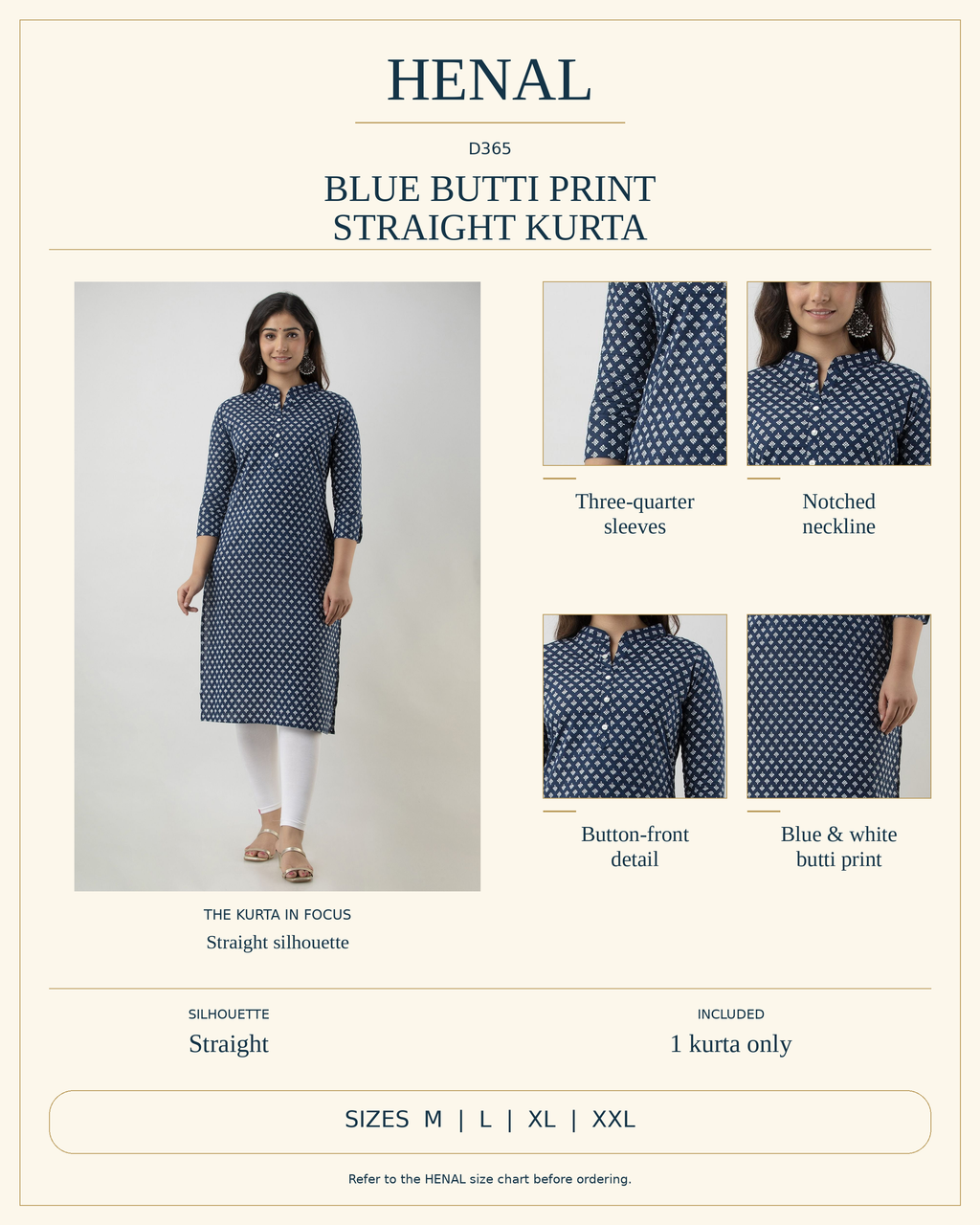 HENAL D365 product infographic showing Three-quarter sleeves, Notched neckline, Button-front detail, Blue & white butti print. Silhouette: Straight. Includes 1 kurta only. Size options: M, L, XL, XXL.
