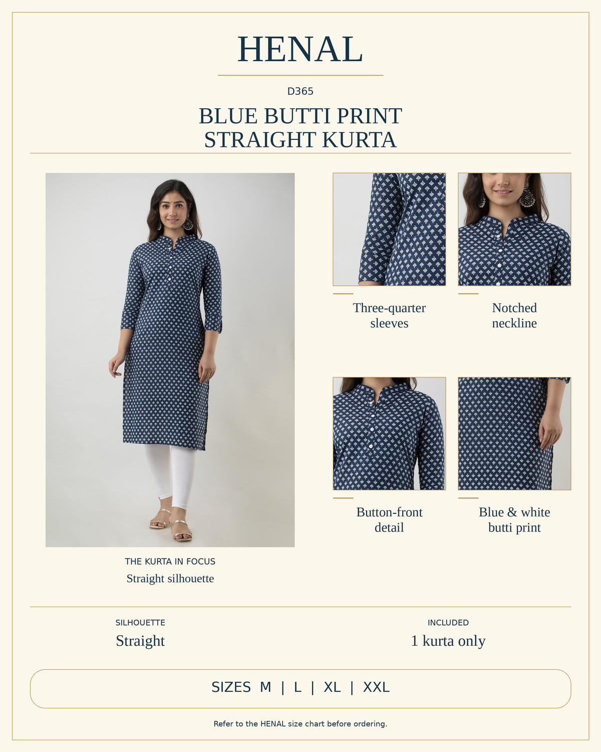 HENAL D365 product infographic showing Three-quarter sleeves, Notched neckline, Button-front detail, Blue & white butti print. Silhouette: Straight. Includes 1 kurta only. Size options: M, L, XL, XXL.
