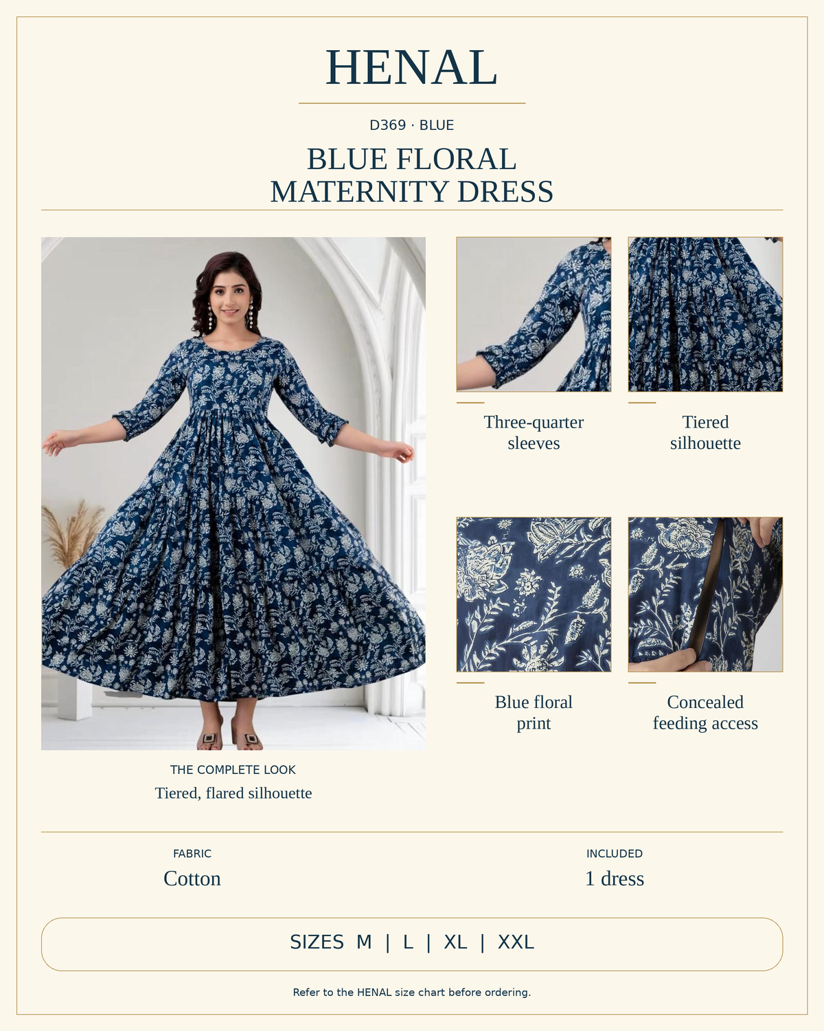 HENAL D369 blue floral cotton maternity dress infographic showing three-quarter sleeves, tiered silhouette, floral print and concealed feeding access.