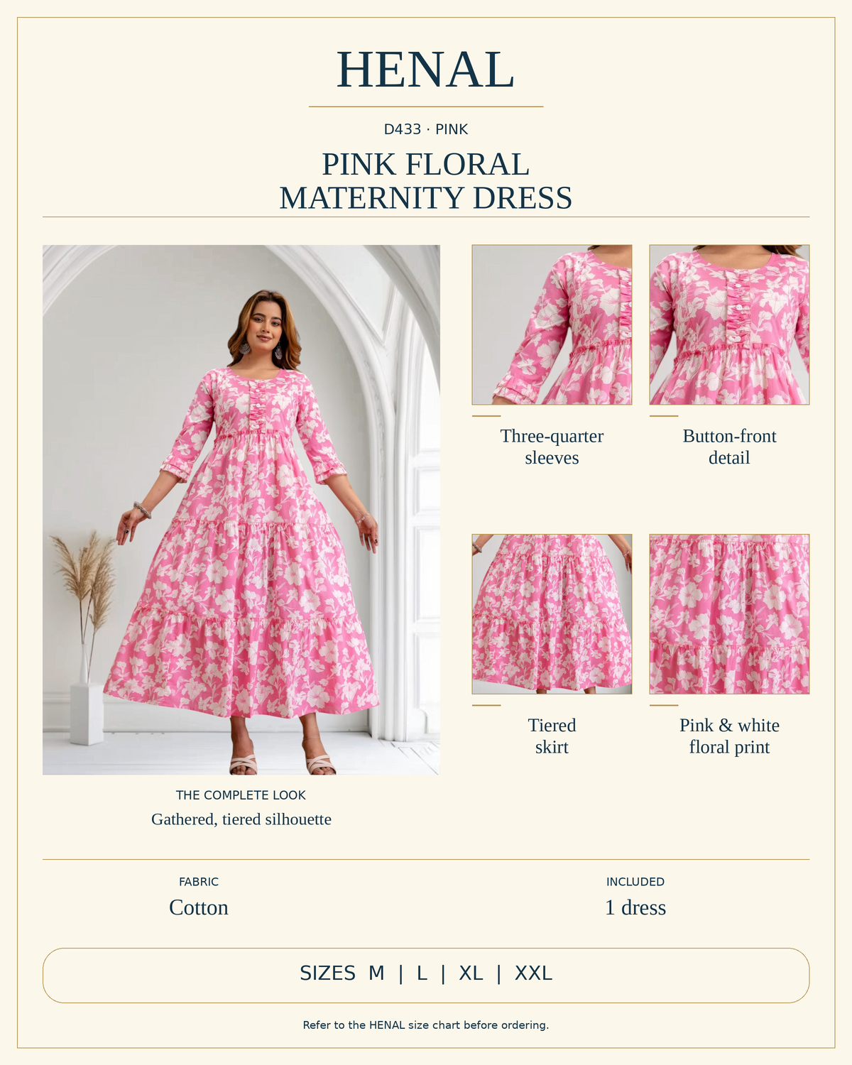 HENAL D433 product infographic with unchanged original photograph and detail crops showing Three-quarter sleeves, Button-front detail, Tiered skirt, Pink & white floral print. Fabric: Cotton. Includes 1 dress. Size options: M, L, XL, XXL.