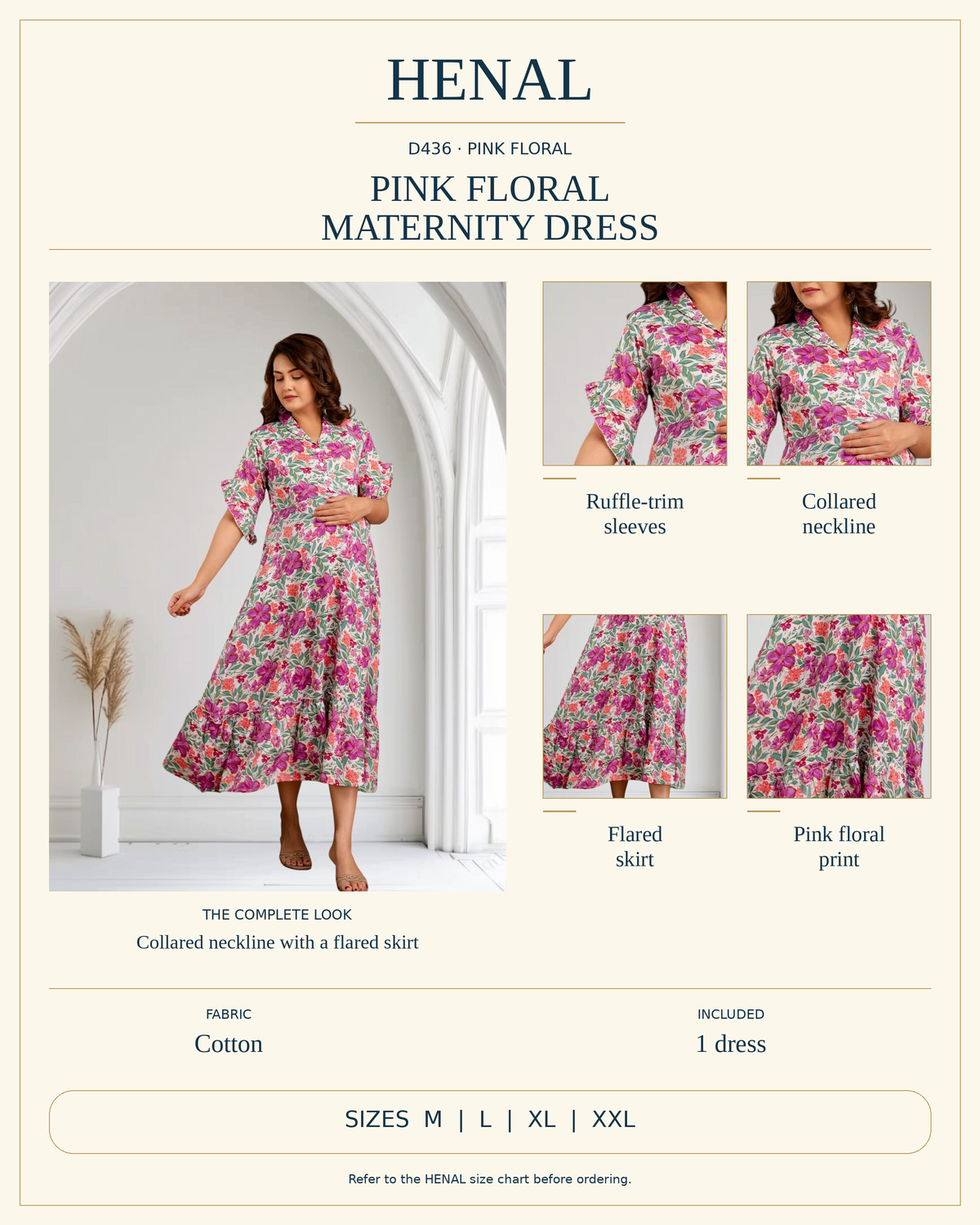 HENAL D436 product infographic with unchanged original photograph and detail crops showing Ruffle-trim sleeves, Collared neckline, Flared skirt, Pink floral print. Fabric: Cotton. Includes 1 dress. Size options: M, L, XL, XXL.