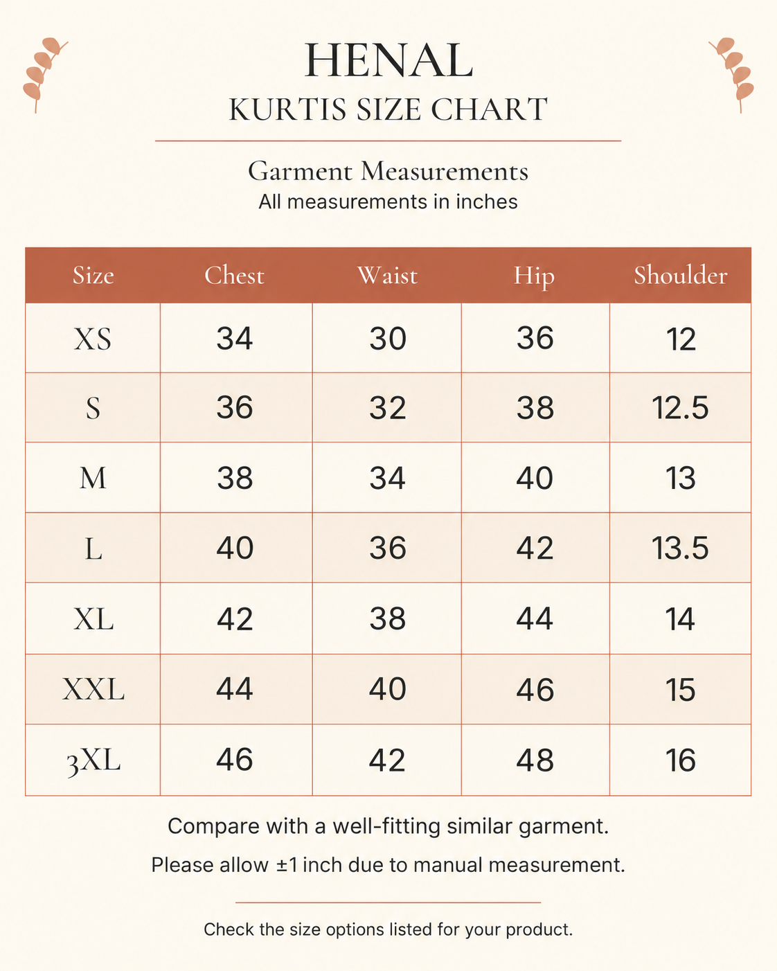 HENAL H434 finished-garment size chart in inches. Choose a size listed for this product.
