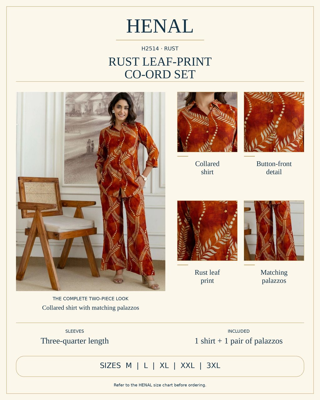 HENAL H2514 printed shirt and trouser co-ord set infographic using the exact original colour photographs; collar, button front and three-quarter sleeves; sizes M, L, XL, XXL and 3XL.