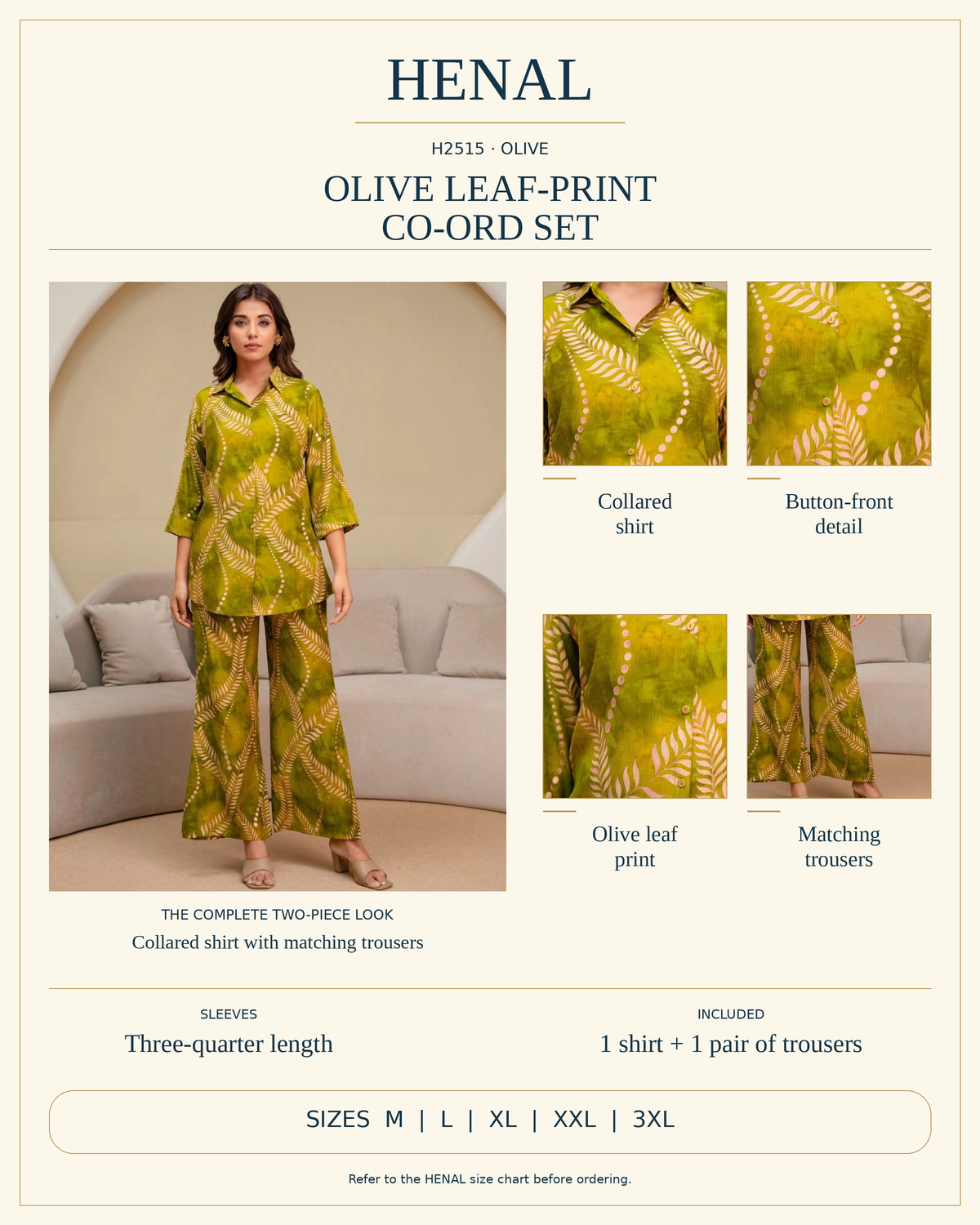HENAL H2515 printed shirt and trouser co-ord set infographic using the exact original colour photographs; collar, button front and three-quarter sleeves; sizes M, L, XL, XXL and 3XL.