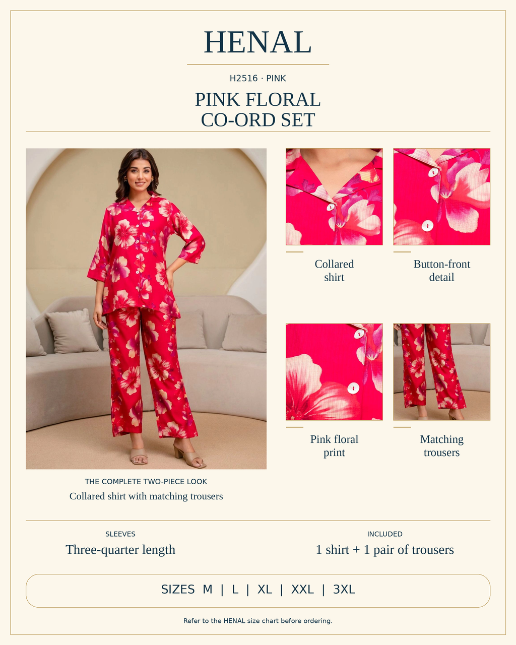 HENAL H2516 printed shirt and trouser co-ord set infographic using the exact original colour photographs; collar, button front and three-quarter sleeves; sizes M, L, XL, XXL and 3XL.
