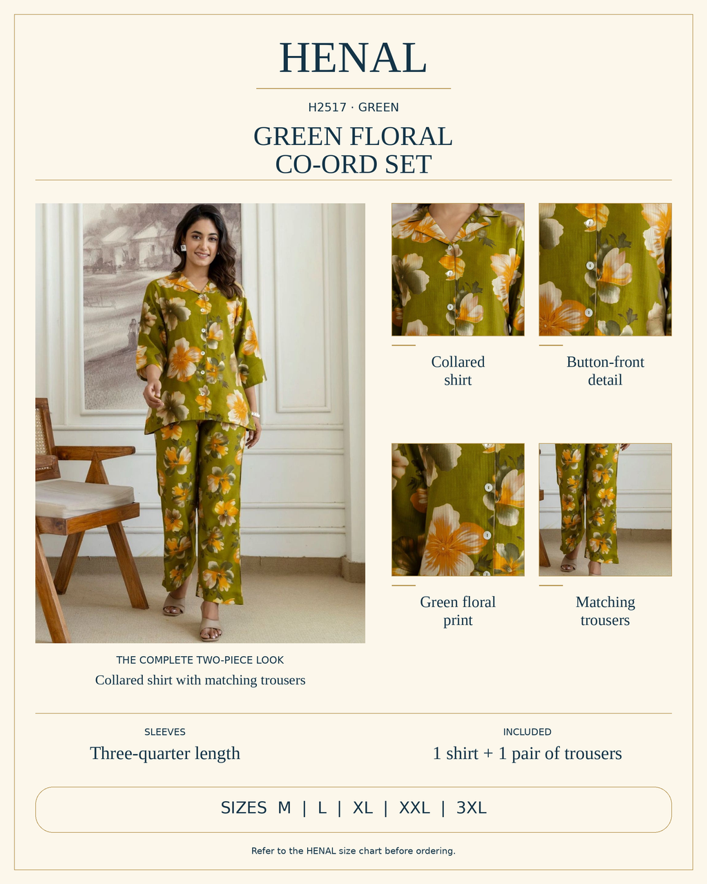 HENAL H2517 printed shirt and trouser co-ord set infographic using the exact original colour photographs; collar, button front and three-quarter sleeves; sizes M, L, XL, XXL and 3XL.