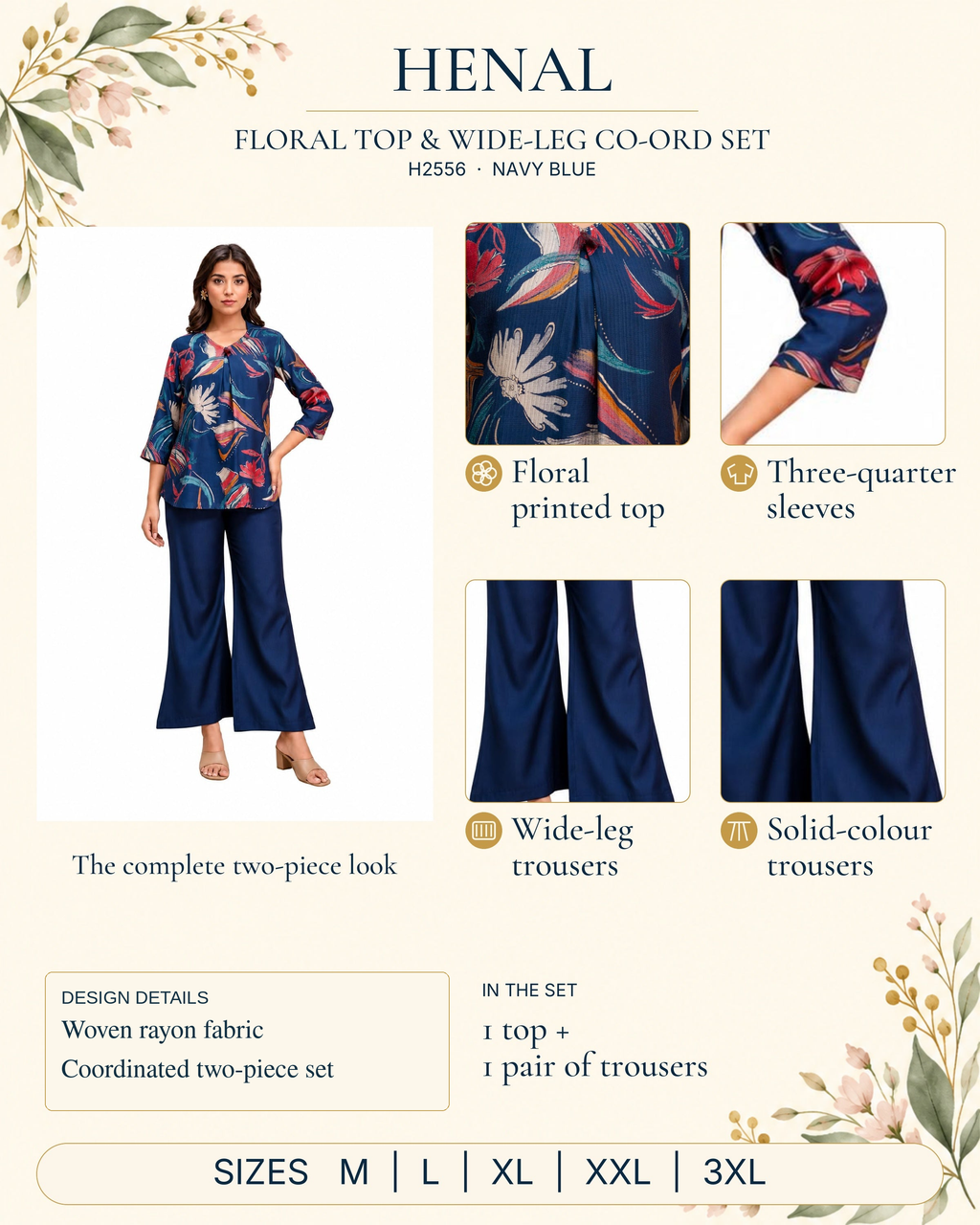 HENAL H2556 reviewed product infographic using unchanged original product photographs and verified details, with size options M, L, XL, XXL, 3XL.