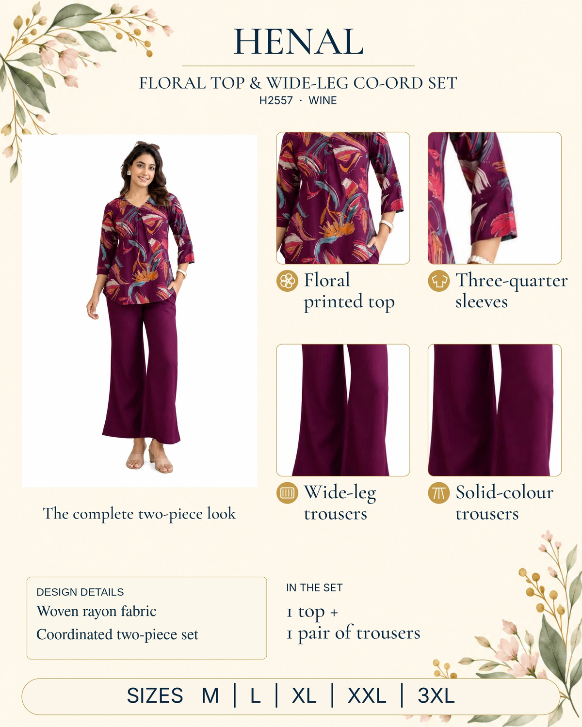 HENAL H2557 reviewed product infographic using unchanged original product photographs and verified details, with size options M, L, XL, XXL, 3XL.