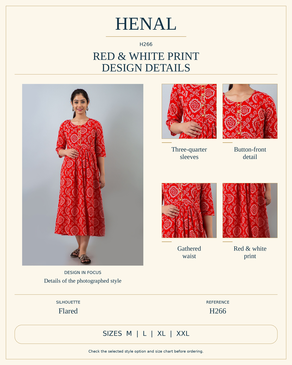 HENAL H266 infographic showing the original garment's visible design details and listed size options. Select the exact garment option on the product page.